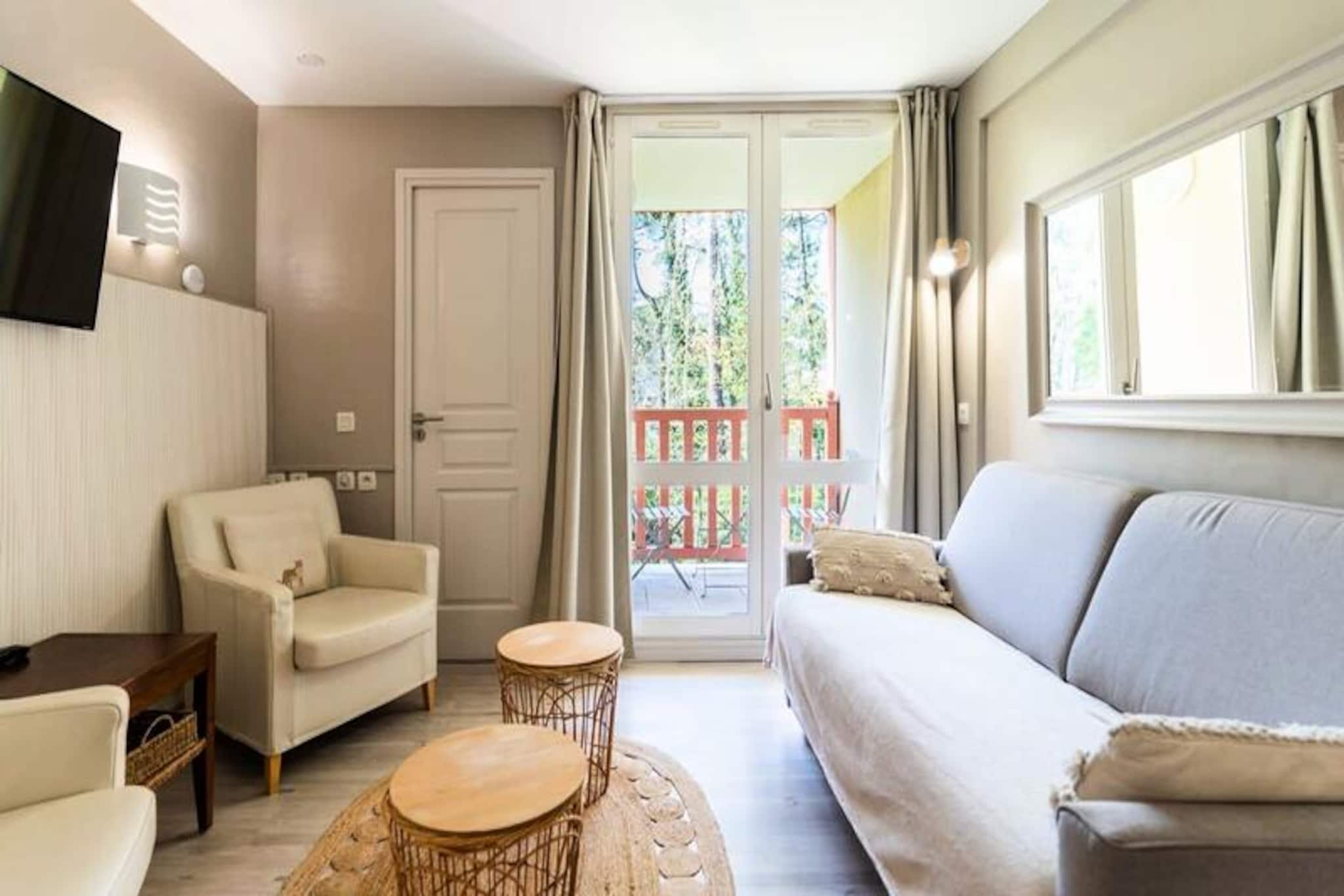 This spacious apartment is perfect for a family or group of up to six people, offering comfortable accommodations in a peaceful setting. It features a bedroom with a double bed, a cozy cabin bedroom with bunk beds, and a sofa bed in the living room. The apartment is equipped with ample storage space, including cupboards in the bedrooms. Guests will enjoy the convenience of having sheets and one bath towel provided for each person. Pets are not allowed, ensuring a quiet and serene environment. Private, free parking is available on-site for added convenience.

The residence is ideally situated in the heart of the Equestrian Park, providing easy access to local attractions. Guests can enjoy the nearby hippodrome, perfect for horse racing enthusiasts. The area is also home to beautiful outdoor spaces for a relaxing stroll. During the warmer months, the residence’s swimming pool (closed from 7/1/25 to 7/2/25) offers a great spot to unwind. For those interested in sports, tennis courts are available on the property. Nearby, guests can explore local cafes and markets to sample fresh produce and enjoy the local culture.

The apartment is well-equipped with an open kitchen, including a dishwasher for added convenience. It also has two bathrooms, one with a bath and sink, and the other with a shower and toilet, ensuring plenty of space for everyone. Additionally, a paid laundry service is available within the residence for guests’ convenience.



