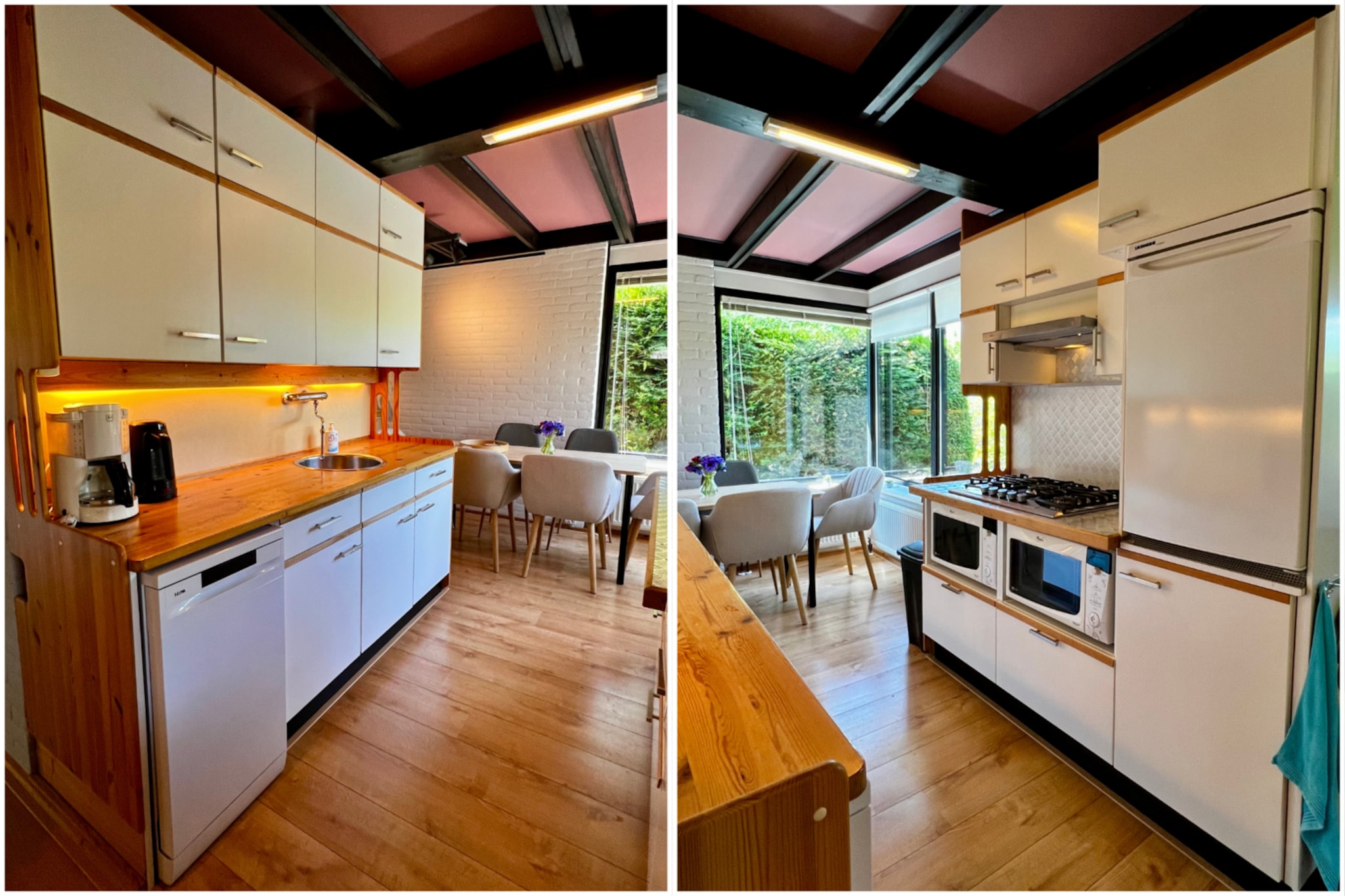 Ground floor: (Entrance, Living room(TV(cable), seating area), open kitchen(dining table, hob(5 ring stoves, gas), electric kettle, hood, coffee machine, oven, combination microwave, dishwasher, fridge-freezer), bedroom(double bed(160 x 200 cm)), bedroom(double bed(140 x 200 cm)), bedroom(single bed, single bed), bathroom(shower, washbasin), toilet(toilet))\n\nstorage(washing machine), heating(central), terrace, garden(fenced), bicycle storage, garden furniture, Garden shed