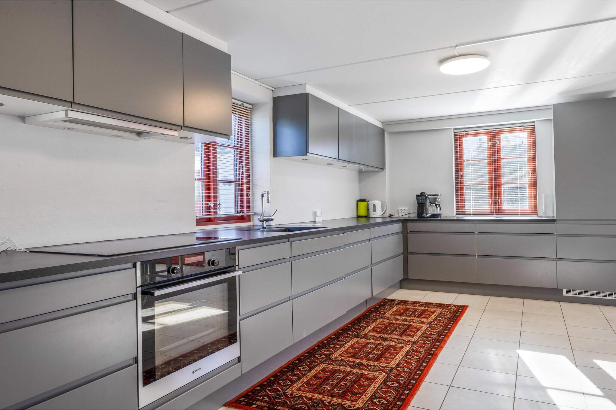 Kitchen(stove(induction), cooker(2 ring stoves), coffee machine, oven, microwave, dishwasher, fridge, fridge-freezer), Living/bed room(2x double folding bed, TV(danish TV channels (DR1 and TV2)), children\'s bed), bedroom(double bed, double folding bed, TV(danish TV channels (DR1 and TV2))), bedroom(double bed, 2x bunk bed), bedroom(2x single bed), bedroom(2x single bed), bathroom(tumble dryer, washbasin, shower, toilet, washing machine), bathroom(washbasin, shower, toilet), sauna(indoor, 4 persons), garden furniture, sun loungers, swimming pool(indoor)