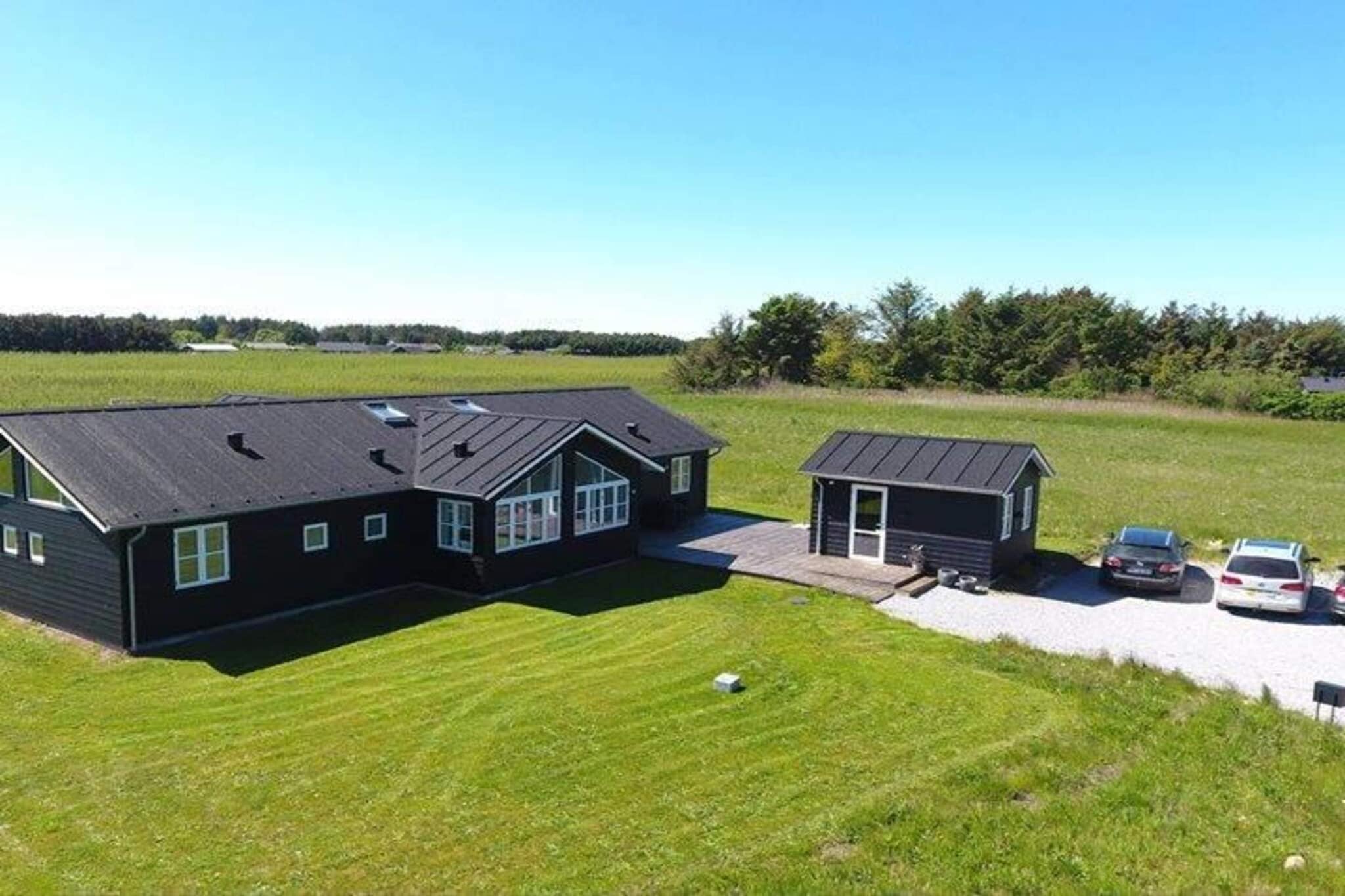 Kitchen(stove(induction), cooker(2 ring stoves), coffee machine, oven, microwave, dishwasher, fridge, fridge-freezer), Living/bed room(TV(danish TV channels (DR1 and TV2)), children\'s bed, high chair), bedroom(double bed, TV(danish TV channels (DR1 and TV2))), bedroom(double bed), bedroom(double bed), bedroom(double bed), bathroom(tumble dryer, washbasin, shower, toilet, washing machine), bathroom(washbasin, shower, toilet), garden furniture, play equipment