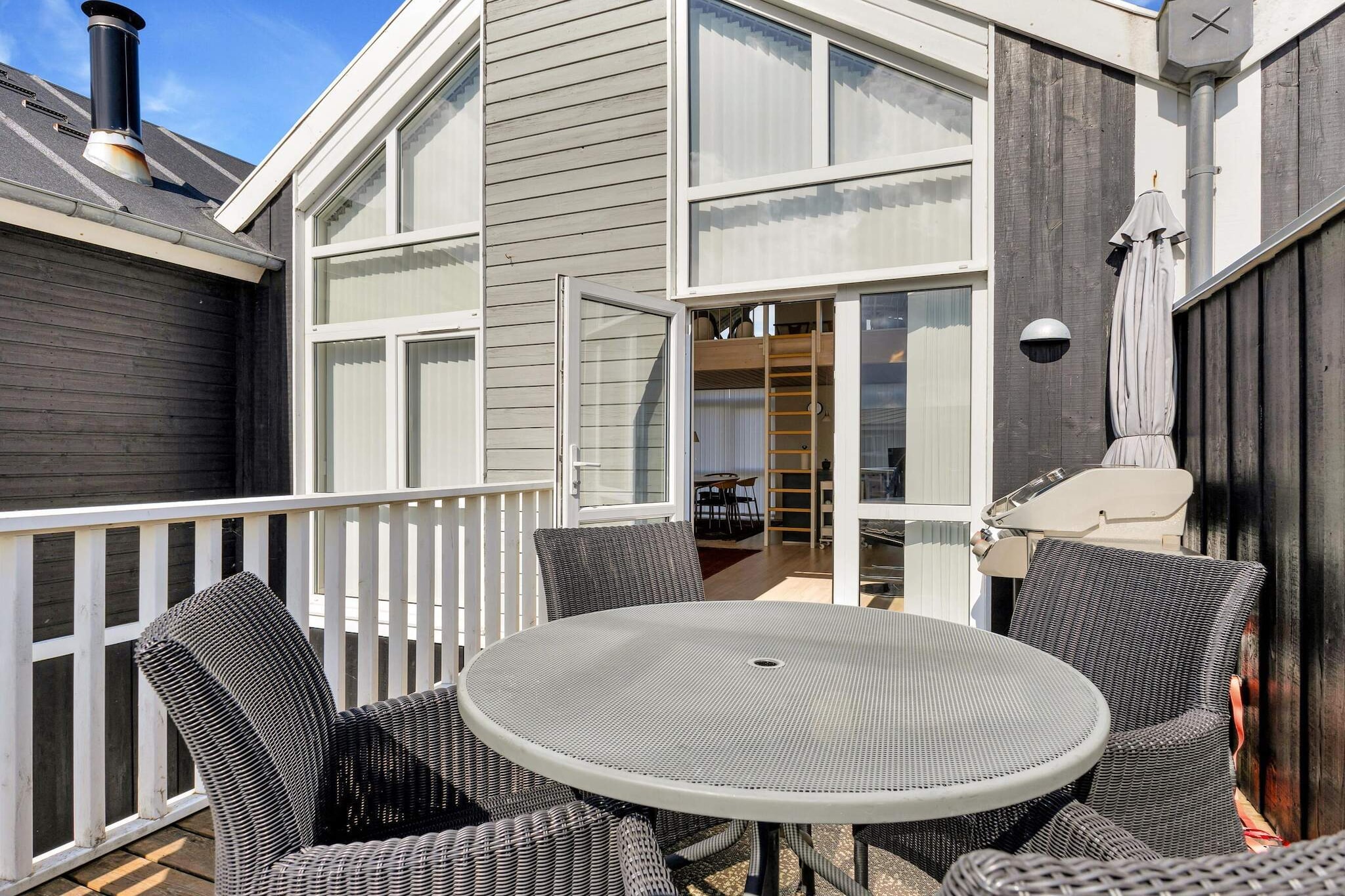 Kitchen(cooker(electric), cooker(2 ring stoves), coffee machine, oven, microwave, dishwasher, fridge, fridge-freezer), Living/bed room(2x single folding bed, TV(danish TV channels (DR1 and TV2)), chromecast), bedroom(double bed), bedroom(double bed), bedroom(double bed), bathroom(tumble dryer, washbasin, shower, toilet, washing machine), garden furniture, sun loungers