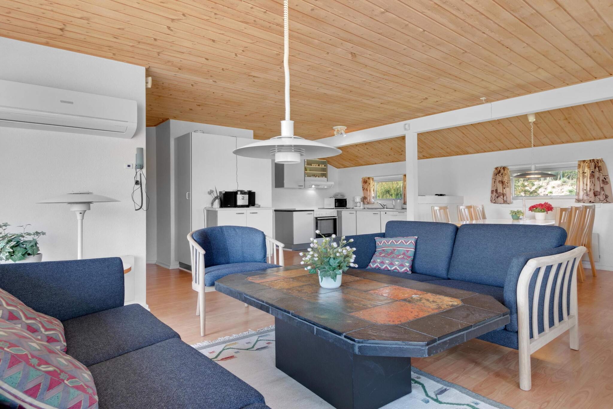 Kitchen(cooker(electric), cooker(2 ring stoves), coffee machine, oven, microwave, dishwasher, fridge, fridge-freezer), Living/bed room(TV(danish TV channels (DR1 and TV2)), chromecast), bedroom(double bed), bedroom(2x single bed), bedroom(2x single bed), bathroom(washbasin, shower, toilet, washing machine), carport, sauna(shared with other guests, indoor), garden furniture