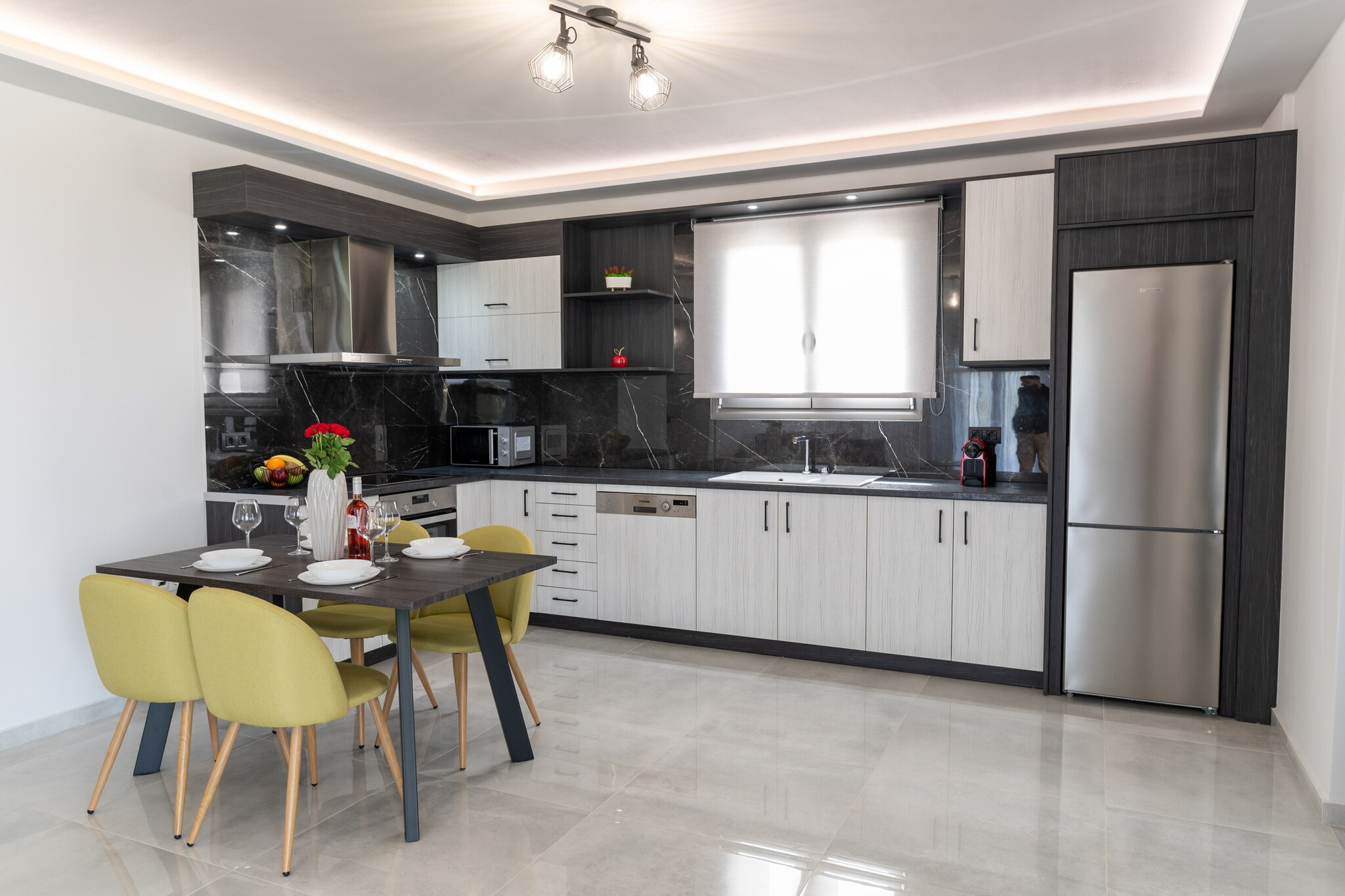 Living room(single sofa bed, double sofa bed, TV(satellite), dining table), Kitchen(electric kettle, toaster, coffee machine, oven, microwave, dishwasher, fridge, freezer, Juicer, dishes and cutlery), bedroom(double bed), bedroom(single bed, single bed), bathroom(shower), Internet access, Children pool, Garden Furniture , washing machine, balcony, air conditioning, terrace, garden, sun loungers, BBQ, parking, ironing board, iron, hairdryer, Extra pillows and blankets, Wine glasses