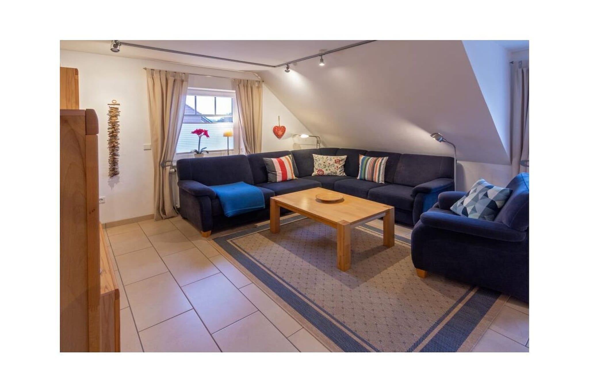 Internet Access DSL, Safe, Vacuum Cleaner, hallway(Wardrobe Coatrack), Living room(TV, DVD player, radio), Kitchen(Egg Cooker, Mixer, hob, electric kettle, toaster, coffee machine, oven, microwave, dishwasher, fridge, freezer), bedroom(Wardrobe, double bed, insect screens), bedroom(Wardrobe, single bed, single bed, insect screens), bathroom(Mirror, toilet, shower, hairdryer), Internet access, Internet access, First Aid, tumble dryer, washing machine, balcony(balcony), garden furniture, parking, iron, drying cabinet