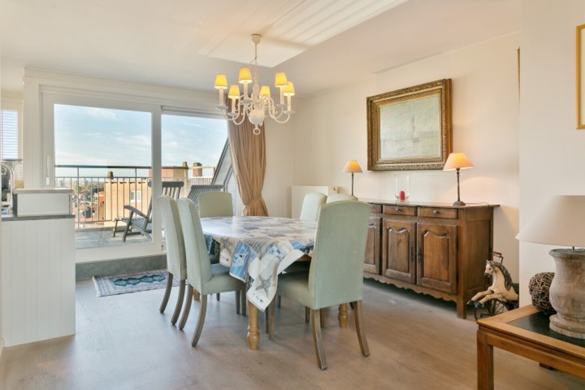 Welcome to this unique duplex apartment, located on the 8th floor of a beautiful residence on the Albert Beach. Offering breathtaking views of the sea and the picturesque hinterland, this spacious apartment provides the perfect blend of comfort and style for your seaside getaway.

Located just steps from the beach, this apartment places you in the heart of Knokke-Heist, where you can explore beautiful beachfront promenades, vibrant cafes, and shops. Discover nearby attractions like the Zwin Nature Park, perfect for nature lovers, or head to Knokke Casino for an exciting night out. With its prime location and luxurious amenities, this duplex apartment is the ideal coastal retreat.

As you enter, youâ€™ll be greeted by a hallway with a separate toilet and cloakroom. The bright living room, featuring a cozy lounge with a gas fireplace, opens onto a spacious terrace where you can enjoy the stunning sea views. On the other side, the dining room and open kitchen create an ideal space for meals and entertaining, with easy access to a large terrace for outdoor dining. A convenient storage room with a washing machine and dryer adds to the apartment's practicality. Upstairs, youâ€™ll find the private sleeping area with three bedroomsâ€”two with large double beds and a third smaller room. A bath and shower room are also available for your comfort. 

A double garage box is included in the basement of the building for your convenience. 

Kindly note that the booking is subject to the hostâ€™s approval. The host will reach out to you shortly to confirm the details.