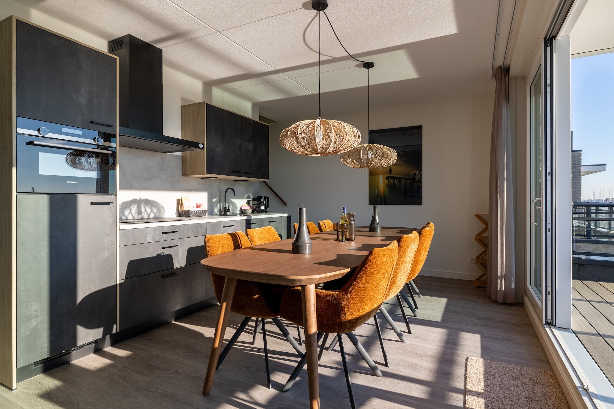 On the 1st floor: (Living room(TV(flatscreen, international television channels), seating area, balcony or terrace), Kitchen(hob, electric kettle, coffee machine, espresso machine, combination microwave, dishwasher, fridge-freezer, balcony or terrace, dishes and cutlery), bedroom(double bed), toilet(toilet))\n\nOn the 2nd floor: (bedroom(double bed), bedroom(double bed), bedroom(double bed), bathroom(shower, washbasin, hairdryer), bathroom(shower, washbasin), toilet(toilet))\n\ntumble dryer, washbasin, bicycle storage, parking, Essentials, heating