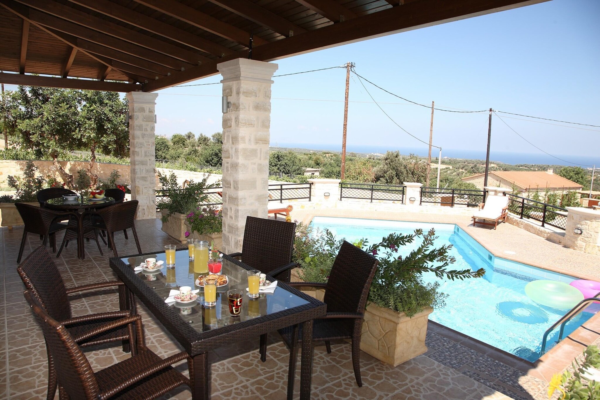 Ground floor: (Living room(double sofa bed, TV(satellite), dining table, fireplace, seating area), open kitchen(oven, dishwasher), bedroom(single bed, single bed), bathroom(shower), Internet access)\n\nOn the 1st floor: (bedroom(single bed, single bed), bedroom(double bed), bathroom(shower), balcony)\n\nair conditioning, terrace, garden, sun loungers, BBQ, parking, swimming pool(private)