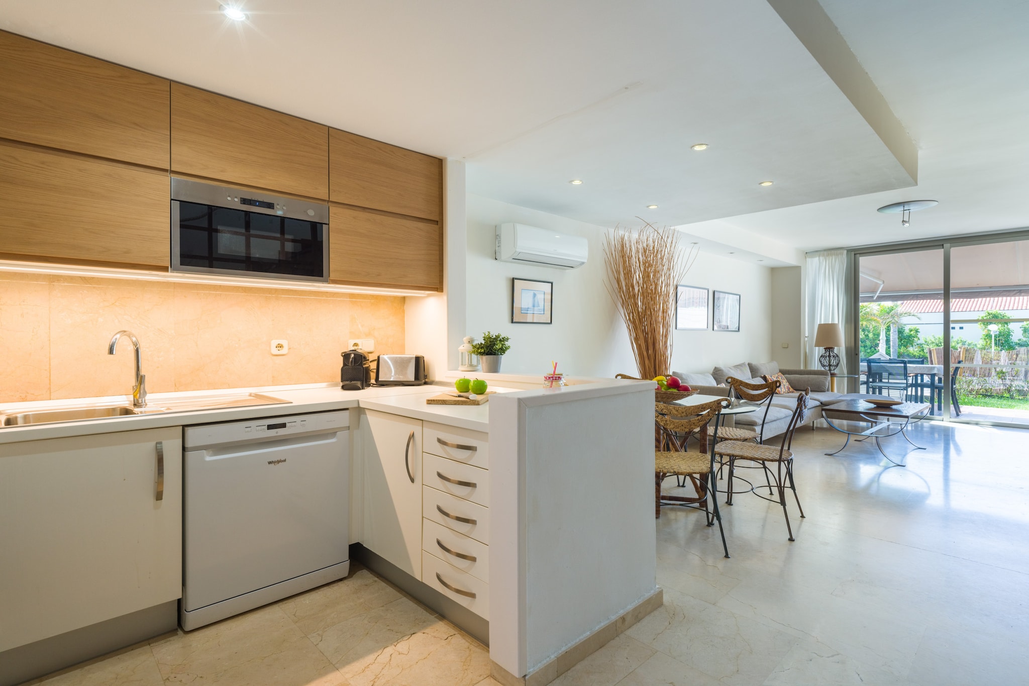 Ground floor: (bedroom(single bed, single bed), bedroom(double bed), bathroom(shower), Internet access)\n\nOn the 1st floor: (Living room(TV(satellite), dining table, seating area), Kitchen(electric kettle, coffee machine, oven, dishwasher, fridge, freezer, dishes and cutlery), bedroom(single bed))\n\nOn the 2nd floor: (bedroom(double bed), bathroom(shower))\n\nGarden Furniture , TV, cot, washing machine, balcony, air conditioning, terrace, garden, parking, swimming pool(shared with other guests), high chair, iron, hairdryer