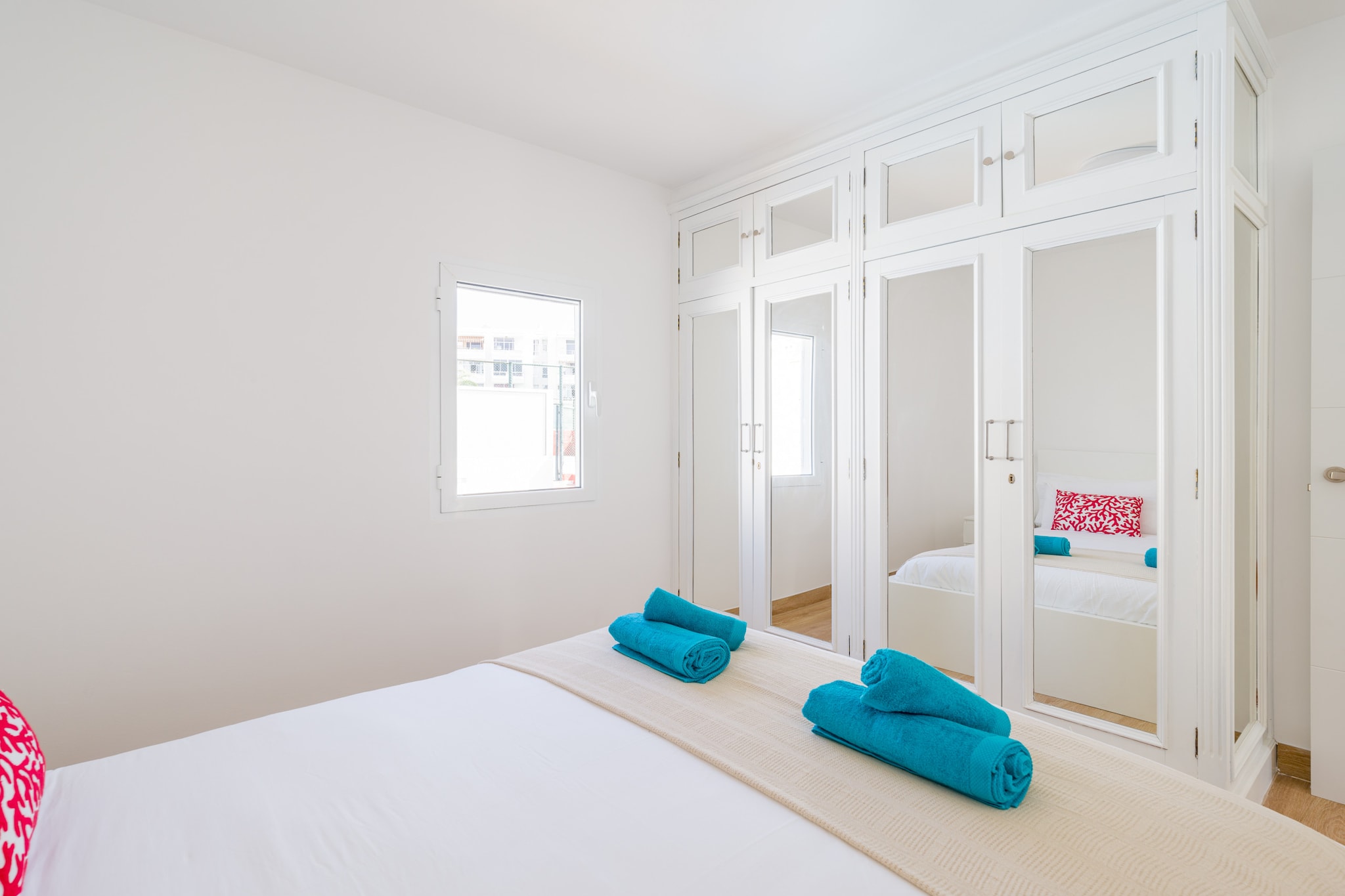 Fan, Living room(TV(satellite), dining table, seating area), Kitchen(electric kettle, toaster, coffee machine, oven, microwave, dishwasher, fridge, freezer, dishes and cutlery), bedroom(single bed, single bed), bedroom(double bed), bathroom(shower), Internet access, Garden Furniture , cot, washing machine, air conditioning, terrace, swimming pool(shared with other guests), high chair, iron, hairdryer