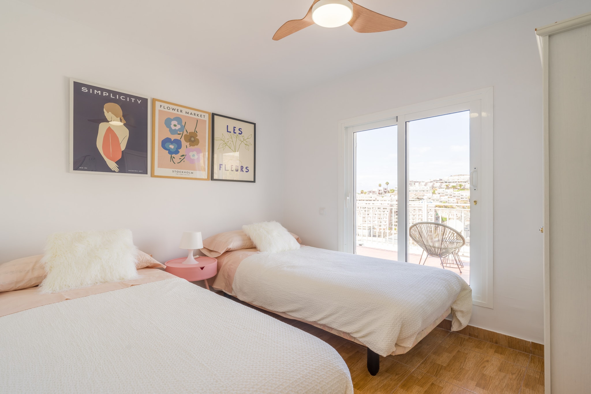 Ground floor: (open kitchen(electric kettle, toaster, coffee machine, oven, microwave, dishwasher, fridge, freezer, dishes and cutlery), Living/diningroom(single sofa bed, TV, dining table, seating area), bathroom(shower), Internet access)\n\nOn the 1st floor: (bedroom(double bed), bedroom(single bed, single bed), bathroom(bath tub))\n\nFan, Fan, cot, washing machine, terrace, garden(fenced), sun loungers, sun loungers, BBQ, swimming pool(shared with other guests), high chair, iron, hairdryer