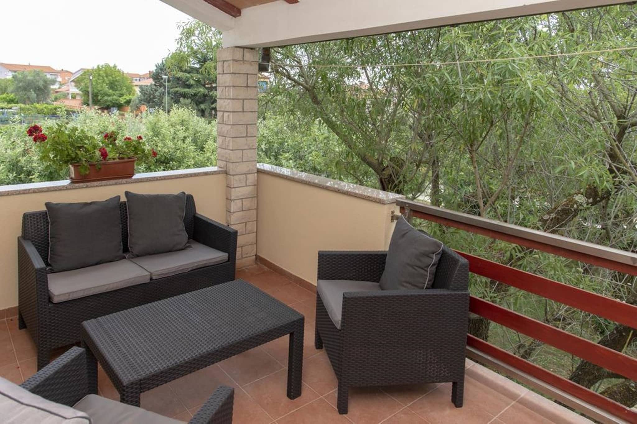 On the 1st floor: (Living room(TV(flatscreen, satellite), seating area), Kitchen(hob, electric kettle, toaster, coffee machine, oven, microwave, dishwasher, fridge, freezer, dishes and cutlery), bedroom(double bed), bedroom(single bed), bedroom(single bed), bathroom(shower, bidet), Internet access)\n\nGarden Furniture , balcony, air conditioning, terrace, garden, sun loungers, BBQ, parking, ironing board, iron, hairdryer, hot water, Dedicated workspace