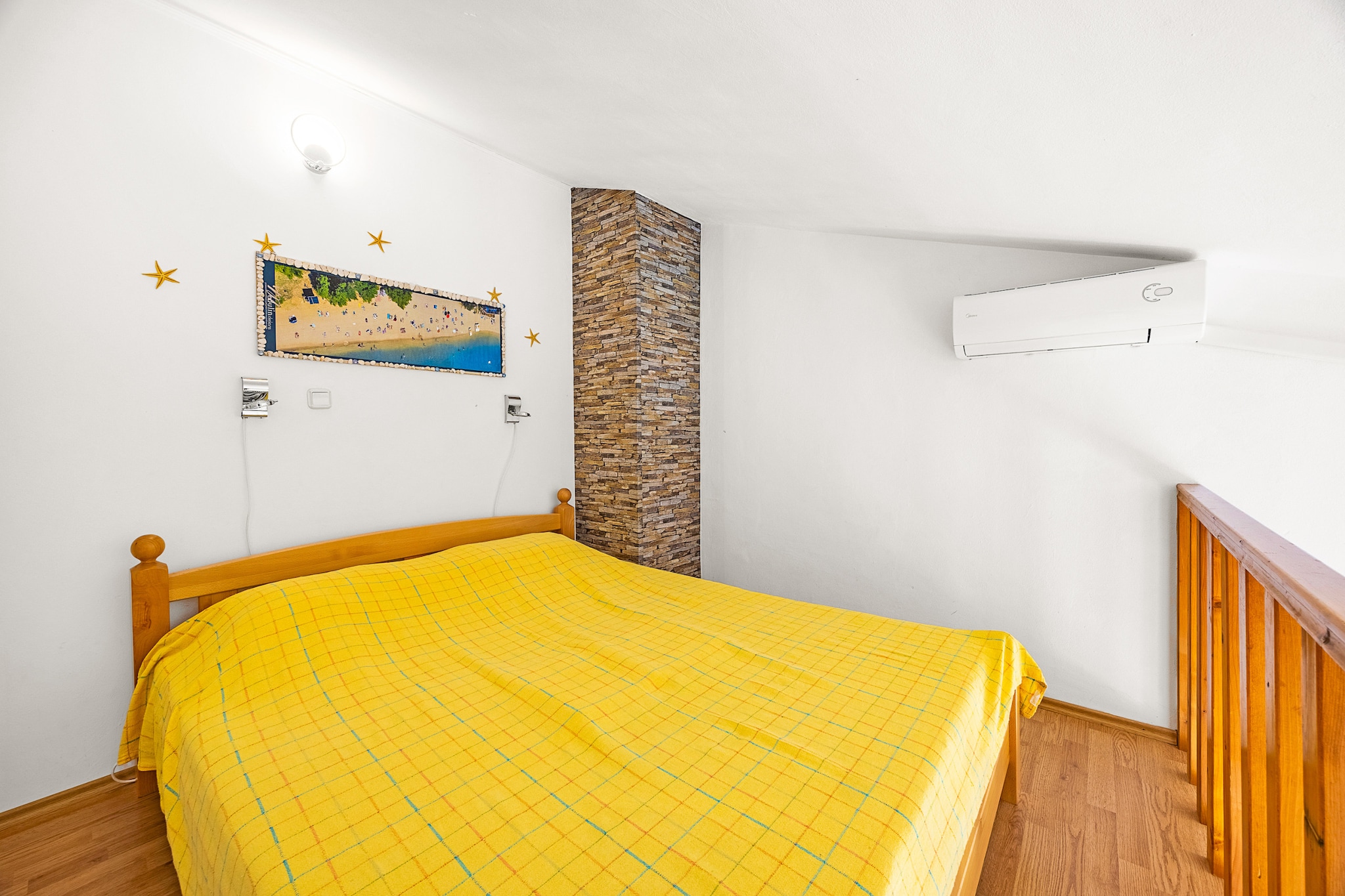 On the 2nd floor: (dining room(dining table), open kitchen(hob, electric kettle, fridge, freezer, dishes and cutlery), Living/bed room(double sofa bed, double king size bed, TV), bathroom(shower, toilet), Internet access)\n\nKitchenette, balcony, patio, air conditioning, garden, garden furniture, BBQ, parking, hairdryer, hot water, Essentials