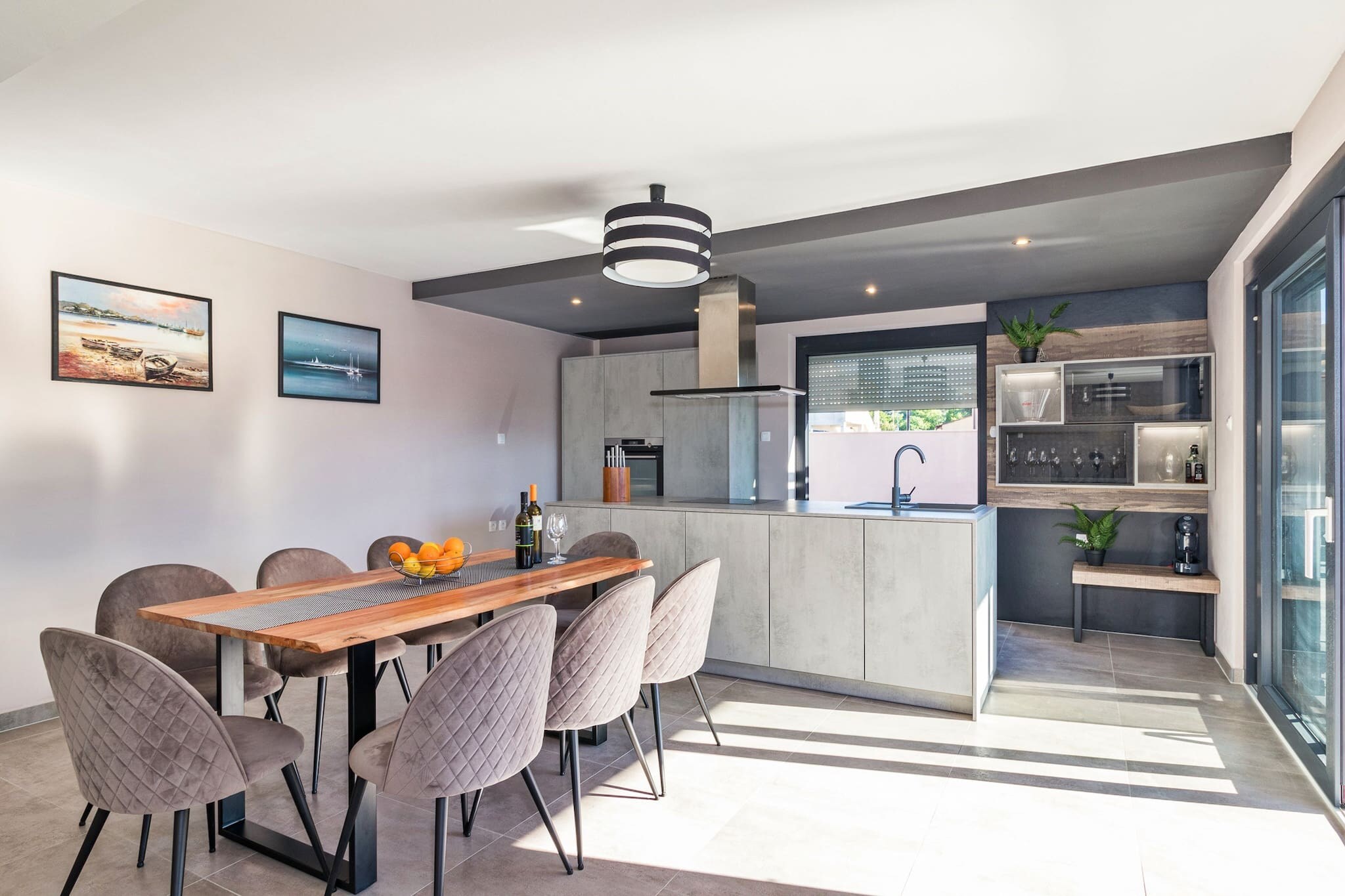 Ground floor: (open kitchen(hob, electric kettle, toaster, coffee machine, oven, microwave, dishwasher, fridge, freezer, dishes and cutlery), Living/diningroom(TV, dining table, seating area), Bedroom with bathroom(single bed, single bed, shower), Bedroom with bathroom(single bed, single bed, shower), Bedroom with bathroom(double king size bed, shower), Bedroom with bathroom(double king size bed, shower), toilet(toilet), Internet access)\n\nGarden Furniture , washing machine, balcony, patio, air conditioning, terrace, garden(fenced), garden, sun loungers, parking, swimming pool(private), high chair, ironing board, iron, hairdryer, crib(free), hot water, Essentials