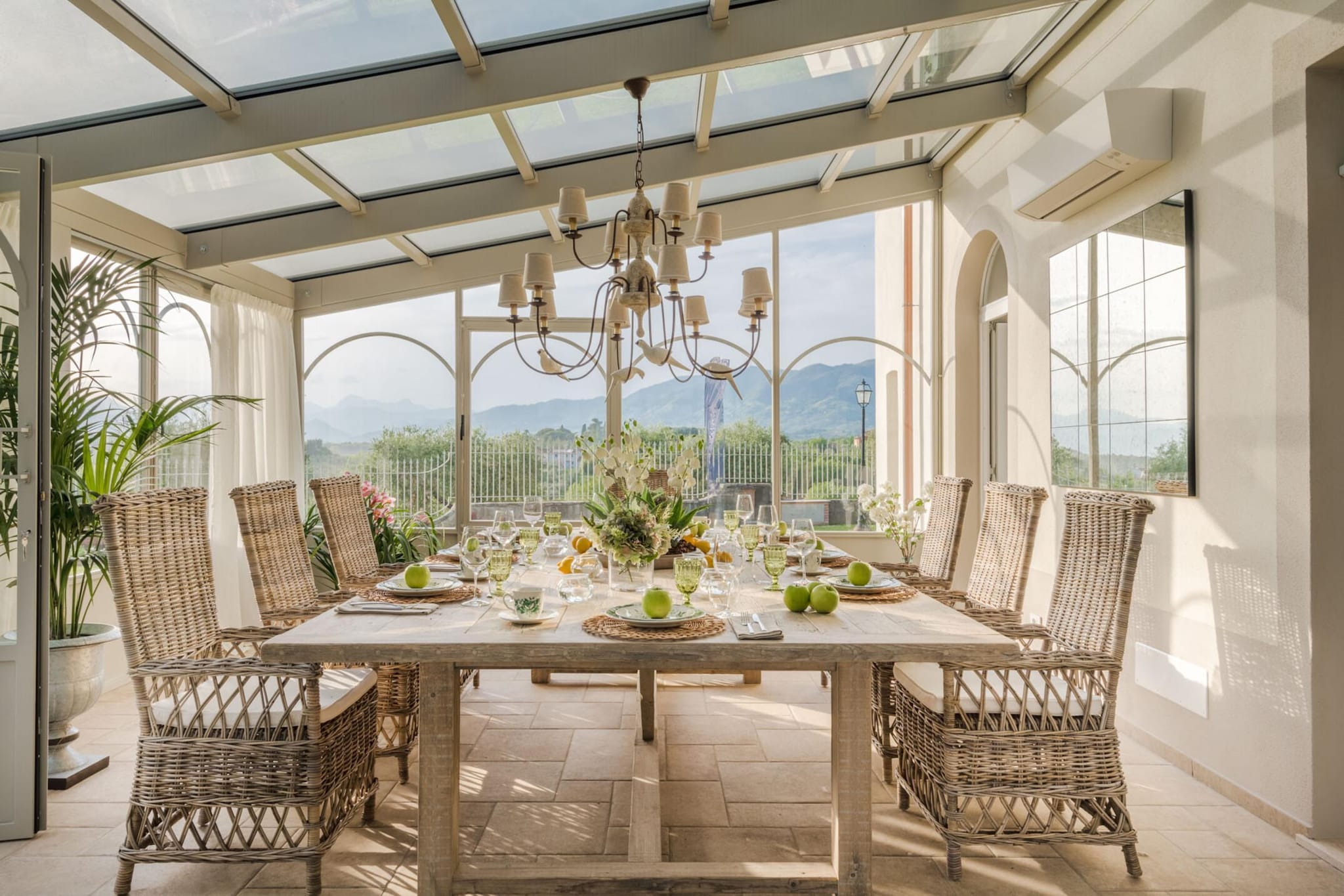 Ground floor: (Living room(TV(satellite), dining table, fireplace, seating area), Kitchen(electric kettle, toaster, coffee machine, oven, microwave, dishwasher, fridge, freezer, dishes and cutlery), toilet(toilet))\n\nOn the 1st floor: (Bedroom with bathroom(double bed, shower), Bedroom with bathroom(double bed, shower), Bedroom with bathroom(double bed, shower))\n\nGarden Furniture , cot, washing machine, air conditioning, terrace, garden, BBQ, parking, swimming pool(private), high chair, iron, hairdryer