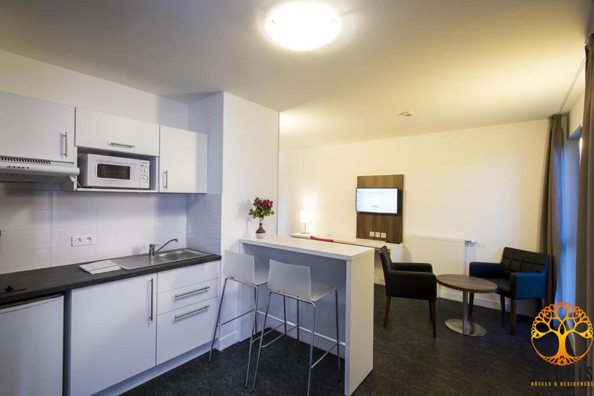 Kitchenette(microwave, dishes and cutlery), Living/bed room(double bed, TV(flatscreen), dining table, seating area), bathroom(shower, toilet), Internet access, Parking, lift, hairdryer