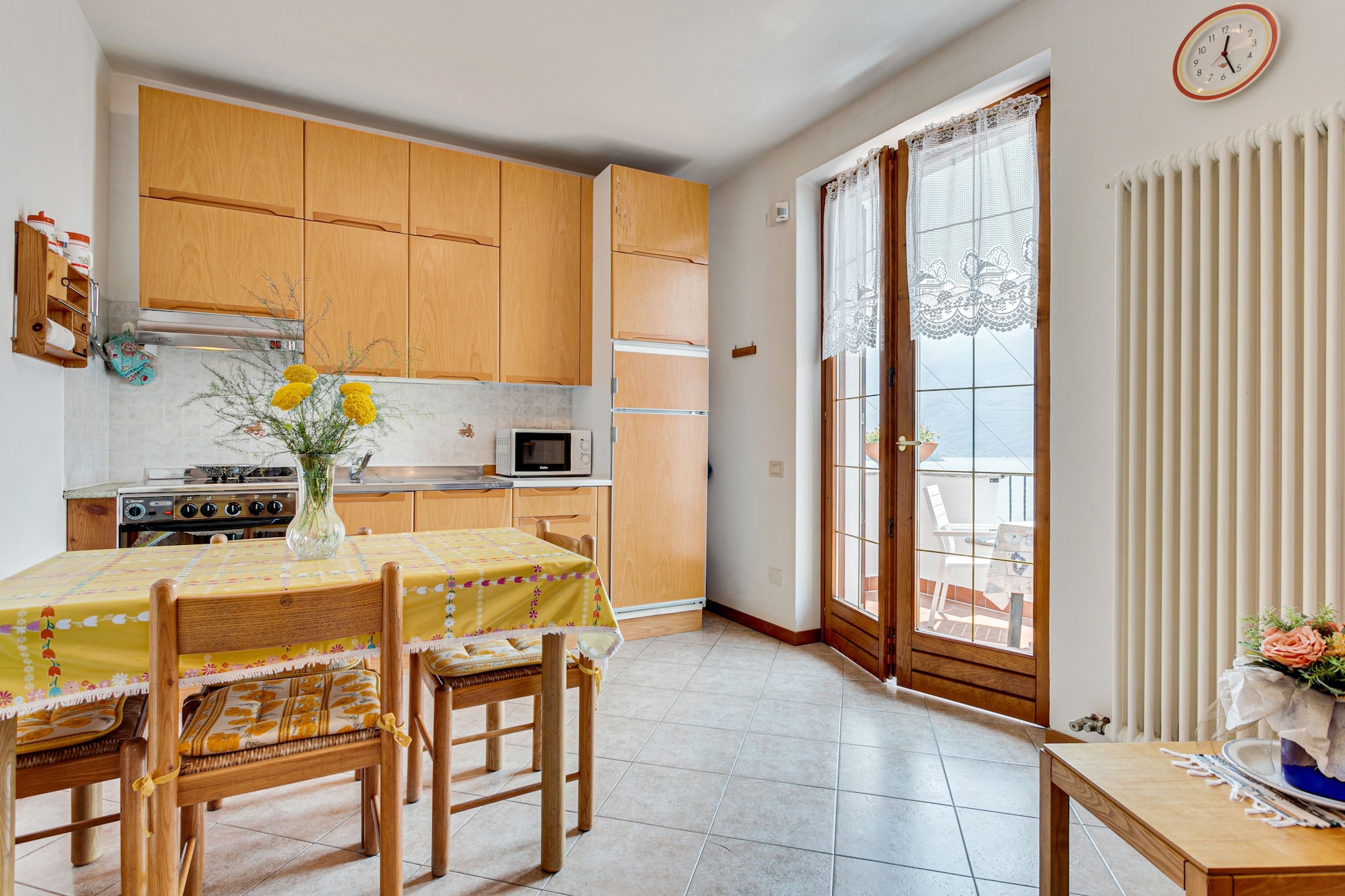 On the 2nd floor: (Large kitchen(single sofa bed, TV(satellite, digital), oven, combination microwave, dishwasher, fridge-freezer), bedroom(double bed), bathroom(shower, washbasin, toilet, bidet, washing machine))\n\nbalcony, heating(central), garden(shared with other guests), garden furniture, parking, swimming pool(shared with other guests, 10 x 4 m., opened from 1/2 Apr upto and including Sep), lift, children\'s bed, high chair