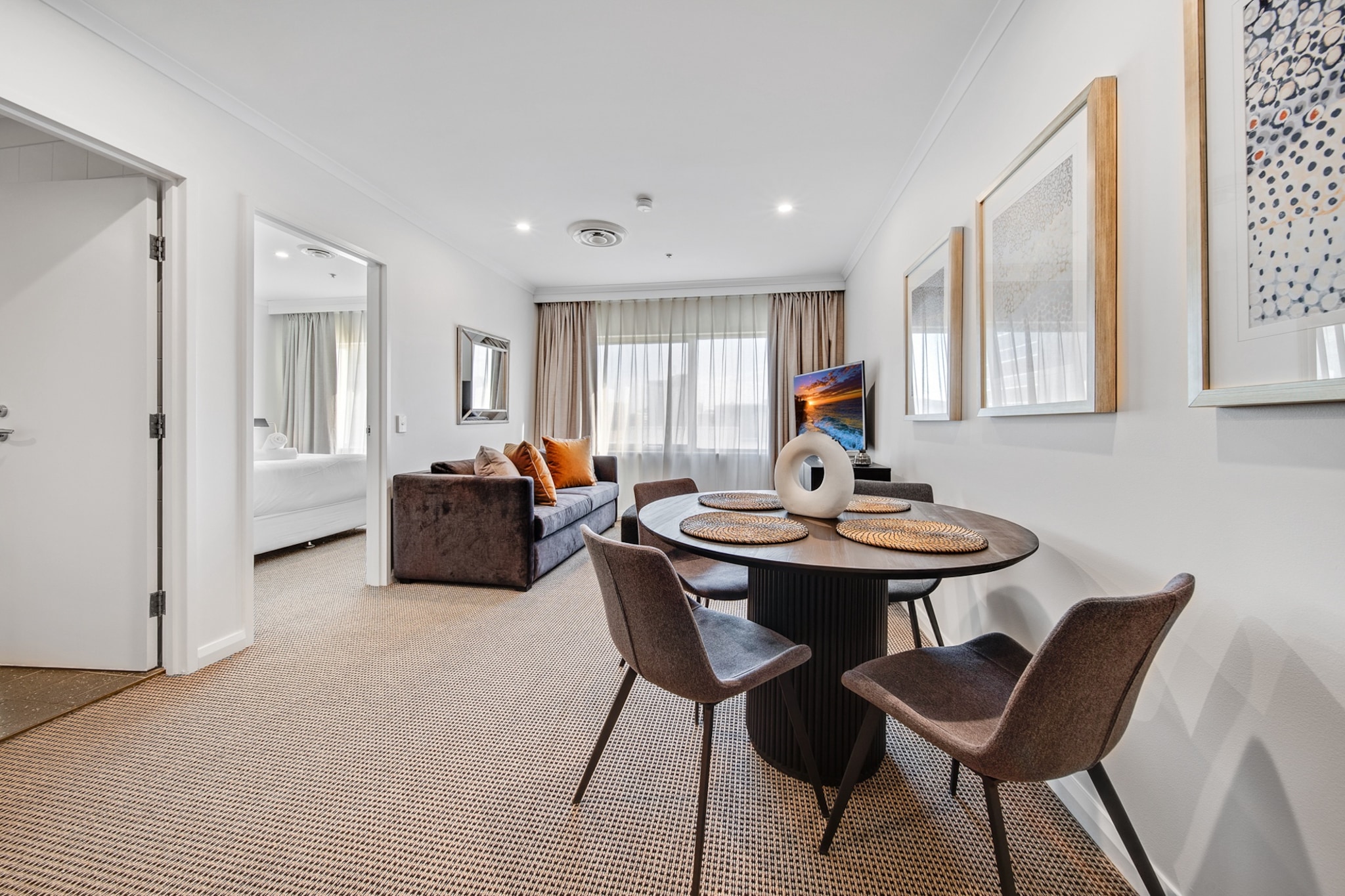 Bed Linen, Elevator, Hot Water, Internet Access DSL, Wardrobe, Living room(single sofa bed, TV), Kitchen(stove, electric kettle, toaster, coffee machine, oven, microwave, dishwasher, fridge), bedroom(Queen Bed), bathroom(bath tub, shower, washbasin, toilet), sauna, First Aid, Play area, tumble dryer, bath tub, washing machine, balcony or terrace, heating, air conditioning, swimming pool, iron, hairdryer, Towels/Sheets (Incl.), shampoo, body soap, Essentials, dishes and cutlery, Conditioner, Long term stays allowed, Room-darkening shades, Shower gel, Wine glasses