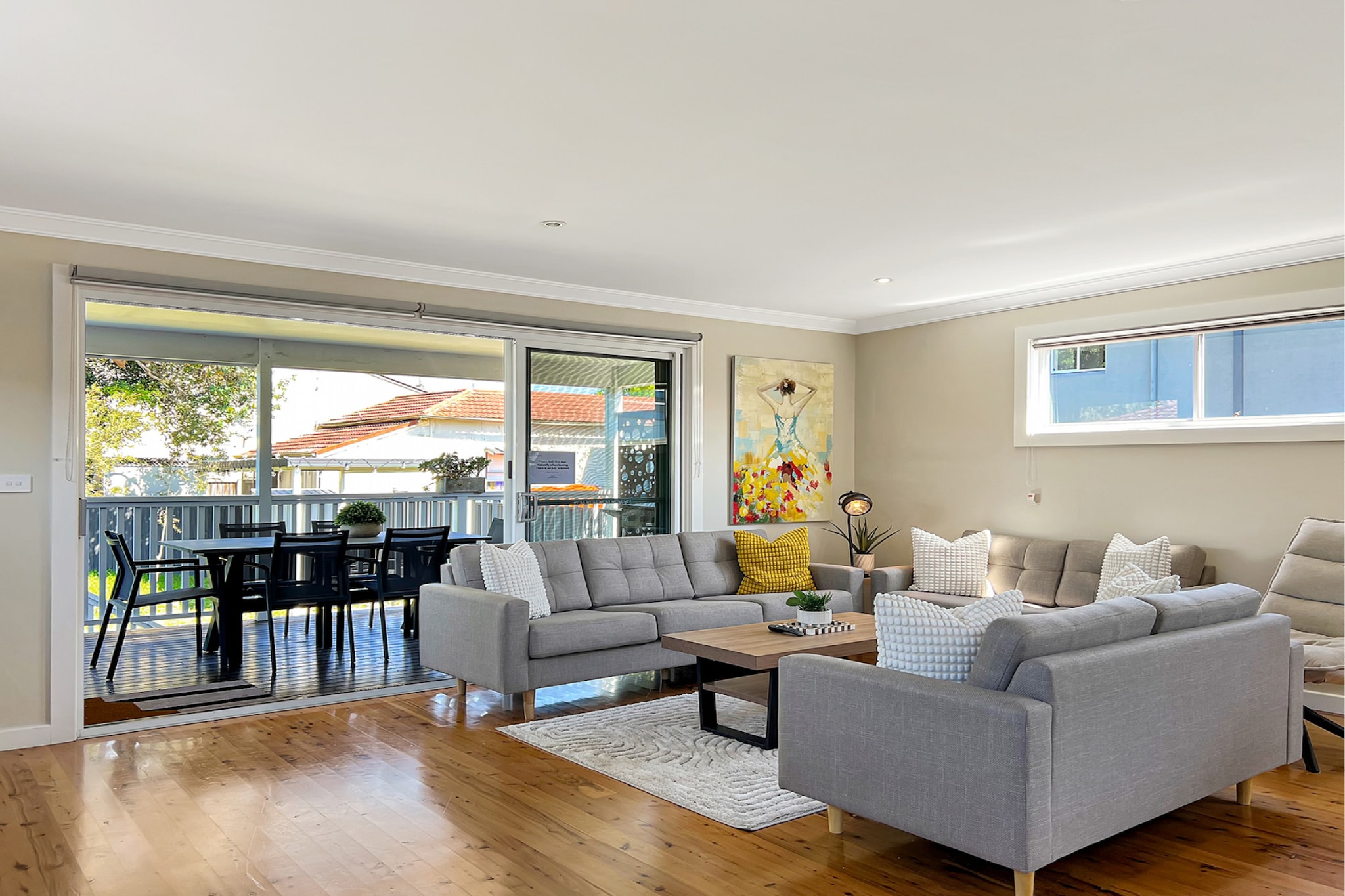 This charming 3-bed home by the tranquil waters of Lake Macquarie is perfectly situated to explore the natural beauty of the area. With attractions like Belmont Wetlands State Park just a short drive, and the iconic Redhead Beach only 15 minutes from your doorstep, enjoy fishing or boating on the lake or visit nearby Blacksmiths Beach for family fun. Featuring homely interiors and modern conveniences like A/C, this hidden haven is ideal for a relaxing coastal escape.

The space
Featuring a welcoming front porch with comfortable seating and a lush back garden, this beautiful 3-bed, 2-bath home is the perfect coastal escape. The open-plan layout is modern and bright, with timber floors and natural light flowing throughout. The living and dining areas extend onto a spacious deck with alfresco dining and a BBQ, making it ideal for entertaining. Inside, the comfortable house offers two queen bedrooms and a bunk room, all equipped with ceiling fans. A designated study nook provides a quiet space for work or reading. The polished bathrooms are sleek and stylish, offering a modern touch. With A/C for added comfort, this homely, modern property is a relaxing base for exploring nearby attractions like Redhead Beach and Lake Macquarie.
 
Living room
- Couch sits 8 people
- TV with free-to-air channels & streaming available (guests to use their own credentials)
 
Kitchen & Dining Area
- Fully equipped with utensils and cutlery
- Oven and electric stovetop
- Dining area sits 8 people and countertop area sits 4 people
 
Bathroom & Laundry
- Laundry room available with washer and dryer
- Travel essentials, towels and hairdryer provided
 
Amenity Notes
- Split A/C (heating + cooling) in living area
- Portable heaters (3) and ceiling fans in bedrooms
- Wi-Fi available
- No parking
- Amenity access: garden deck, BBQ area and alfresco dining; front porch with seating
Local area description
Belmont South, located along the scenic shores of Lake Macquarie in NSW, is a quiet and picturesque suburb known for its natural beauty and relaxed lifestyle. The area offers easy access to outdoor activities like fishing, boating, and cycling, with the nearby Belmont Wetlands State Park with walking trails and a variety of birdlife. It is also close to the vibrant cafes and shops of Belmont, while still maintaining a peaceful, community-focused atmosphere. With proximity to the lake and beaches, Belmont South is ideal for those seeking a serene coastal environment without being too far from urban conveniences.
House rules
You are staying in a friendly and peaceful neighbourhood and we kindly ask you to respect the community and your surrounding neighbours. The following strict House Rules apply:
 
- No loud noise between 10 pm and 8 am
- No parties or antisocial behaviour
- No additional people are to access the property without our prior approval
- No smoking is allowed at any times
- If you break something, please let us know
- To help protect all floor coverings, do not wear any shoes inside the property
 
Please be aware that excessive noise such as amplified music, vocals or screaming or anti-social behaviour in the property or common areas can cause neighbours to complain to us, the Building Manager, Council Rangers or Police.
 
IMPORTANT:
- Any breach of the House Rules may lead to a $500 fine plus compensation for any cost/damage created and immediate eviction of the property without refund.
- Any stays with pets will incur an additional cleaning fee of $200.
 
Finally, when checking out, we kindly ask you for the following:
 
- Please leave all beds unmade
- Please clean up your dishes and put them away
- In case you have rearranged furniture, please put it back to the original location
- Please take out the rubbish and remember to use the right bins
- Please ensure all appliances, A/C and lights are off and doors and windows are closed.
- Please check your accommodation thoroughly before departing to avoid any unintentional items left behind.
 
We are not liable for any items left behind after your stay. In the rare event that a guest reports a missing item, we will make every effort to locate it for you, but we cannot guarantee its retrieval. If the item is found, we will gladly assist in arranging its return to an address within Australia, subject to postage and service fees.
Interaction with guests
Welcome to MadeComfy! Our local team curates stays in exceptional Australian & New Zealand properties, ensuring style, comfort, and prime locations for discerning guests. We prioritise your needs to provide a memorable home-away-from-home experience. Explore our digital guidebooks for local recommendations, and don't hesitate to contact us throughout your stay. We're here to ensure your comfort - enjoy your stay with MadeComfy.
Notes
- For your comfort, this property is prepared with professional-grade hotel-style linen, including a three-sheet setup, ensuring a fresh and hygienic sleep experience.
- Important: Please note, that if the restricted keys are lost, the whole house will need to be rekeyed which may result in a cost of up to $400.00
- Keys are restricted, and if lost, the entire house will need to be rekeyed at the guest's expense.
- Pets allowed upon approved requests, additional fees apply
- Lawn mowing is scheduled on a rotating basis every three weeks on a Wednesday (started 12/02/25).
 
Extra Services:
- Early Check-in: Our standard check-in is at 3 pm. To guarantee early access to the property we suggest booking the night before if available. Otherwise, early check-in is subject to availability from the night before at an additional cost.
- Late check-out: Our standard check-out is at 10 am. To guarantee a later check-out of the property we suggest booking an additional night if available. Otherwise, a late check-out is subject to availability from the night before to an additional cost.
- Baggage: For security reasons, we are unable to receive or to keep unattended baggage before check-in or after check-out
- We provide a small welcome amenity pack to get your stay started.
- This booking is protected with coverage for lost baggage and emergency medical expenses, provided by Travel Support with claim upto 500 AUD (T&C Applies). For more details reach out to Guest Support team post booking.
Access description
- The key collection is located in a lock box onsite. Further details will be provided 3 days before check-in if your booking is successfully reserved.
- Keys are restricted, and if lost, the entire house will need to be rekeyed at the guest's expense.
- Stairs are required to access the front of the property.
Getting around
Public Transport
The closest bus stop is located 140 m from the property on Pacific Hwy at Beach St. Please visit Transport NSW website for more information.
 
Getting There
The property is located 43 km away from Newcastle Airport. By car, the journey will take around 50 minutes. By public transportation, the journey will take around 2 hours.