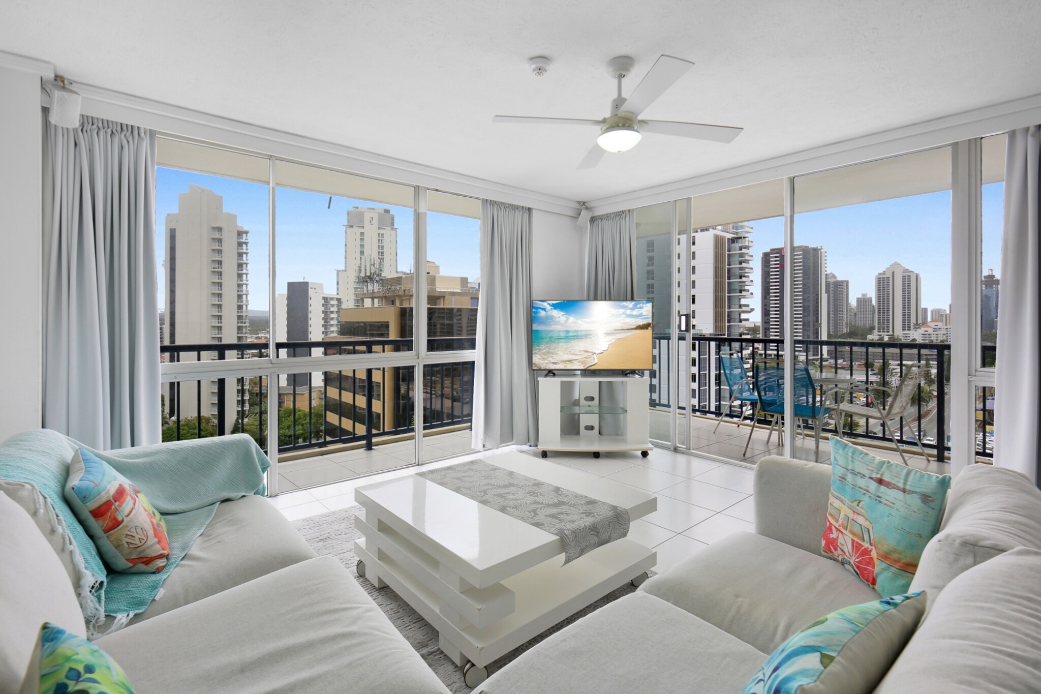 Nestled in the heart of Surfers Paradise, this stylish 2-bed, 2-bath apartment offers a perfect blend of comfort and convenience. Featuring two queen beds and a sofa bed, it accommodates up to five guests. Enjoy the balcony, a fully equipped kitchen, and access to resort-style amenities, including indoor and outdoor pools, saunas, and a tennis court. With on-site parking and a prime location near beaches, cafÃ©s, and public transport, it's an ideal choice for your Gold Coast getaway.
The space
Welcome to this inviting 2-bedroom apartment, a stylish retreat in Surfers Paradise. Designed for comfort, the apartment features an open-plan living area with plush seating, a sofa bed, and a TV with streaming services. The dining area accommodates four, with additional seating at the countertop. The fully equipped kitchen boasts an electric stovetop, oven, and kitchen essentials for home-cooked meals. Both bedrooms are fitted with queen beds, bedside tables, and blackout blinds, ensuring restful sleep. Two well-appointed bathrooms comes with fresh towels, a hairdryer, and essential toiletries.Step onto the private balcony to enjoy city views and outdoor seating, perfect for morning coffee or evening drinks. Guests also have access to premium building amenities, including indoor and outdoor pools, saunas, a half-sized tennis court, and a games room. Secure underground parking is available. With easy access to beaches, shopping, and dining, this apartment offers an unbeatable combination of relaxation and convenience for your Gold Coast stay.
 
Living Room
-Couch seats 5 people
-Sofa bed available for 1 additional guest
-TV with Free-to-Air and streaming (guests to use their own credentials)
 
Kitchen & Dining Area
-Fully equipped with cutlery and utensils
-Oven and electric stovetop
-The dining area seats 4 and the countertop seats 4
 
Bathroom & Laundry
-Two bathrooms
-Laundry room available with washer and dryer (in bathroom 2)
-Travel essentials, towels, and hairdryer provided
 
Amenity Notes
-On-site underground parking (1 space, height limit 1.8m)
-Ducted A/C (cooling only) in the living room
-Ceiling fans in living, dining, and master bedroom
-Wi-Fi is available
-Private balcony with ocean views and outdoor furniture for 3
-Building amenities: indoor & outdoor pools, saunas, half-sized tennis court, and games room
Local area description
Surfers Paradise is the vibrant heart of the Gold Coast, known for its golden beaches, lively nightlife, and shopping precincts. Stroll along Cavill Avenue for top dining and entertainment, or enjoy the beachfront markets. Visit Sky Point Observation Deck for panoramic views or explore the tranquil Broadwater Parklands nearby. Whether you're after relaxation or adventure, Surfers Paradise offers the best of both worlds.
House rules
You are staying in a friendly and peaceful neighbourhood and we kindly ask you to respect the community and your surrounding neighbours. The following strict House Rules apply:
 
- No loud noise between 10 pm and 8 am
- No parties or antisocial behaviour
- No additional people are to access the property without our prior approval
- No pets are allowed in the property without approval
- No smoking is allowed at any times
- If you break something, please let us know
- To help protect all floor coverings, do not wear any shoes inside the property
 
Please be aware that excessive noise such as amplified music, vocals or screaming or anti-social behaviour in the property or common areas can cause neighbours to complain to us, the Building Manager, Council Rangers or Police.
 
IMPORTANT:
- Any breach of the House Rules may lead to a $500 fine plus compensation for any cost/damage created and immediate eviction of the property without refund.
- Pets are available on request unless the property states it is pet friendly. Any stays with pets will incur an additional cleaning fee of $200.
 
Finally, when checking out, we kindly ask you for the following:
 
- Please leave all beds unmade
- Please clean up your dishes and put them away
- In case you have rearranged furniture, please put it back to the original location
- Please take out the rubbish and remember to use the right bins
- Please ensure all appliances, A/C and lights are off and doors and windows are closed.
- Please check your accommodation thoroughly before departing to avoid any unintentional items left behind.
 
We are not liable for any items left behind after your stay. In the rare event that a guest reports a missing item, we will make every effort to locate it for you, but we cannot guarantee its retrieval. If the item is found, we will gladly assist in arranging its return to an address within Australia, subject to postage and service fees.
Interaction with guests
Welcome to MadeComfy! Our local team curates stays in exceptional Australian & New Zealand properties, ensuring style, comfort, and prime locations for discerning guests. We prioritise your needs to provide a memorable home-away-from-home experience. Explore our digital guidebooks for local recommendations, and don't hesitate to contact us throughout your stay. We're here to ensure your comfort - enjoy your stay with MadeComfy.
Notes
For your comfort, this property is prepared with professional-grade hotel-style linen, including a three-sheet setup, ensuring a fresh and hygienic sleep experience.
 
Extra Services:
- Early Check-in: Our standard check-in is at 3 pm. To guarantee early access to the property we suggest booking the night before if available. Otherwise, early check-in is subject to availability from the night before at an additional cost.
- Late check-out: Our standard check-out is at 10 am. To guarantee a later check-out of the property we suggest booking an additional night if available. Otherwise, a late check-out is subject to availability from the night before to an additional cost.
- Baggage: For security reasons, we are unable to receive or to keep unattended baggage before check-in or after check-out
- We provide a small welcome amenity pack to get your stay started.
- This booking is protected with coverage for lost baggage and emergency medical expenses, provided by Travel Support with claim upto 500 AUD (T&C Applies). For more details reach out to Guest Support team post booking.
Access description
The key collection is offsite. Further details will be provided 3 days before check-in if your booking is successfully reserved.
Getting around
Public Transport
Regular bus and tram services connect Surfers Paradise to Broadbeach, Southport, and beyond. The G:link tram is a quick way to explore the coast.
 
Getting There
Gold Coast Airport is a 35-minute drive away, while Brisbane CBD is accessible within 1 hour by car or train.