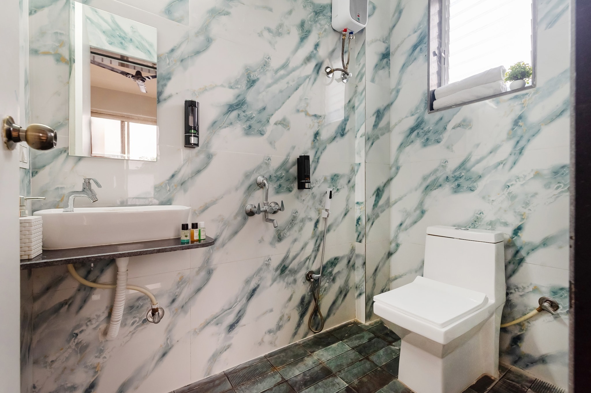 Ground floor: (Living room(TV, seating area, air conditioning), dining room(dining table), Kitchen(electric kettle, coffee machine, oven, microwave, dishwasher, freezer, Rice maker), bedroom(TV, seating area, balcony, air conditioning, Queen Bed), bedroom(TV, seating area, balcony, air conditioning, Queen Bed), bedroom(TV, seating area, balcony, air conditioning, Queen Bed), bedroom(TV, seating area, balcony, air conditioning, Queen Bed), bedroom(TV, seating area, balcony, air conditioning, Queen Bed), bathroom(shower, toilet, hairdryer, Towels incl., hot water), bathroom(shower, toilet, hairdryer, Towels incl., hot water), bathroom(shower, toilet, hairdryer, Towels incl., hot water), bathroom(shower, toilet, hairdryer, Towels incl., hot water), bathroom(shower, toilet, hairdryer, Towels incl., hot water), swimming pool(shared with other guests))