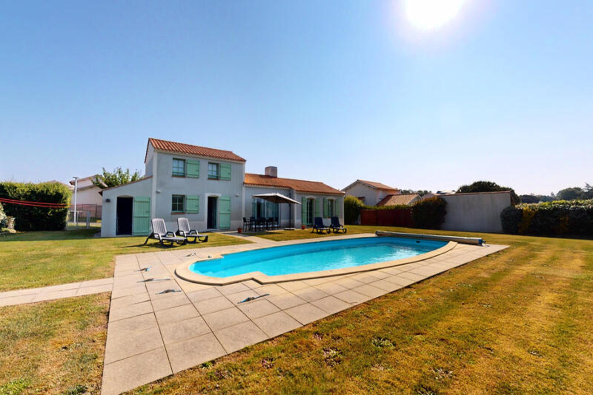 In the serene heart of the Domaine des Fontenelles, Villa Coraline - Golf & Beach offers a perfect blend of tranquility and adventure. Surrounded by lush greenery and just steps from the renowned Golf des Fontenelles, this villa is a haven for relaxation and outdoor enthusiasts alike. With the pristine beaches of Saint-Gilles-Croix-de-Vie only 12 km away, your days can be filled with coastal charm and invigorating ocean breezes.
This spacious and sunlit villa is designed for unforgettable moments with family or friends. The ground floor welcomes you with a large, open-plan living area that flows seamlessly onto a terrace overlooking the private heated pool. A fully equipped kitchen invites you to craft delicious meals, while two cozy bedrooms, a bathroom with a bathtub, and a separate toilet provide comfort and convenience. Upstairs, two additional bedrooms, including one with bunk beds and another with a double bed, offer picturesque garden views. A second bathroom with a shower and toilet completes this floor. Entertainment is at your fingertips with a pool table, ping-pong table, and a sprawling 1,000 m² garden featuring a barbecue and shaded patio.
Beyond the villa, the Vendée region awaits with its diverse attractions. The Golf des Fontenelles is just 100 m away, while the vibrant town of Coex, with its shops and supermarket, is a short 3.9 km drive. For thrill-seekers, Le Grand Défi adventure park is only 14 km away. Whether you’re exploring the coastline, enjoying rounds of golf, or savoring local delicacies, Villa Coraline places you at the heart of it all.
With Wi-Fi, optional linen services, and a private pool open from January to September, Villa Coraline ensures a seamless and memorable stay. Book now and immerse yourself in the beauty and charm of the Vendée!