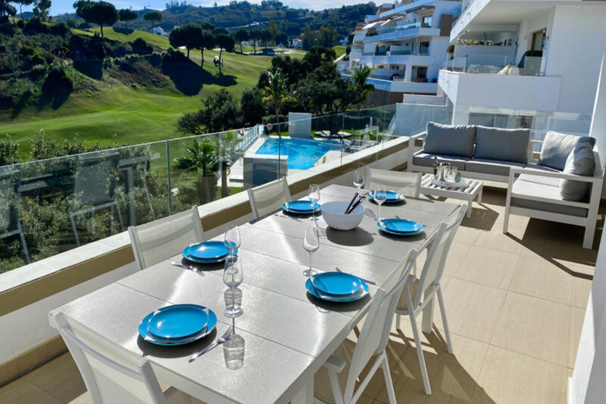 In the serene hills of La Cala Golf Resort, this modern apartment invites you to a tranquil escape surrounded by lush fairways and panoramic mountain views. Just 6 kilometers from the golden beaches and charming town center of La Cala de Mijas, this property offers the perfect balance of relaxation and adventure for golfers and nature enthusiasts alike. Whether you're savoring the Mediterranean sun or exploring the vibrant Costa del Sol, this retreat is your gateway to unforgettable moments.
The apartment boasts a sleek and contemporary design, with three elegantly furnished bedrooms and two bathrooms that ensure comfort and privacy. The open-plan living area seamlessly integrates a fully equipped kitchen, making it ideal for preparing meals to enjoy on the spacious terrace. Bask in the sun or unwind in the shaded area while taking in breathtaking views of the golf course and surrounding landscapes. The private residence also features beautifully landscaped gardens and two swimming pools, including one designed especially for children, offering a refreshing oasis for all ages.
For your convenience, a welcome pack with basic necessities is provided upon arrival, ensuring a smooth start to your stay. While the residence is peaceful and secure, a vehicle is recommended to fully explore the nearby attractions, from the pristine beaches to the vibrant local markets and restaurants of La Cala de Mijas.
Whether you're here to perfect your swing, soak up the Andalusian sun, or simply relax in a serene setting, this apartment promises a memorable stay in the heart of Spain's Costa del Sol.
