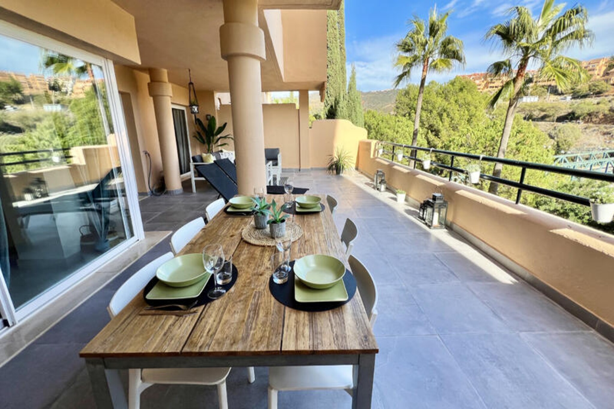 Overlooking the lush greens of Santa Maria Golf Course, this elegant two-bedroom apartment in Elviria-Marbella offers a serene retreat just moments from the vibrant Costa del Sol lifestyle. Imagine mornings spent on the expansive 60m² terrace, sipping coffee in the chill-out area or soaking up the sun on comfortable loungers, with views that inspire relaxation and tranquility. Whether you're here for a romantic getaway or a family escape, this beautifully decorated home blends modern refinement with Mediterranean charm. 
                      Inside, you'll find two spacious bedrooms, including one with a dressing room, and two bathrooms—one with a bathtub for indulgent soaks and the other with a sleek shower for refreshing starts to your day. The open-plan living space invites you to unwind, while the fully equipped kitchen makes dining in a pleasure. The complex boasts several swimming pools nestled within landscaped gardens, perfect for cooling off after a day exploring the nearby beaches or golf courses. An underground parking space with elevator access ensures convenience throughout your stay. 
                      Just 2 km away, the golden sands of Elviria Beach beckon, home to the renowned Nikki Beach club and charming beach bars like Casanis Beach. Elviria's restaurants and shops are only 1 km from your doorstep, offering a taste of local flavors and vibrant nightlife. For those seeking adventure, Marbella's historic Old Town and glamorous Puerto Banús are within easy reach, while nature lovers can explore the nearby Sierra Blanca mountains. 
                      Whether you're here to unwind by the pool, savor the coastal cuisine, or tee off on world-class golf courses, this apartment is your gateway to unforgettable moments on the Costa del Sol.