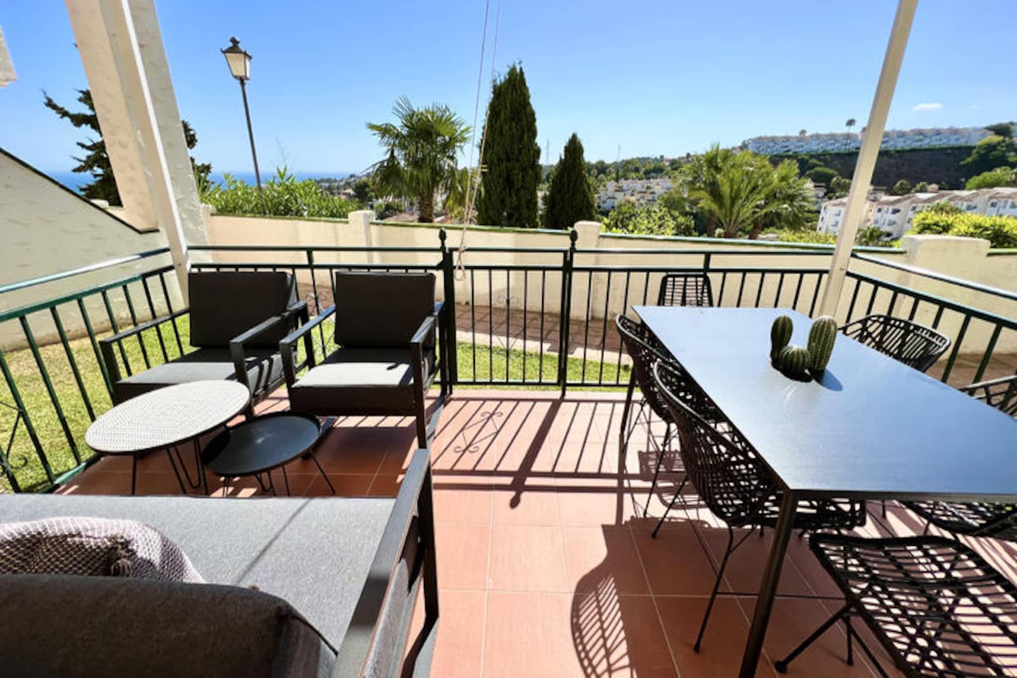 In the sun-drenched hills of Mijas Costa, this beautifully renovated apartment in the Mirador de Calahonda development offers a serene retreat with modern comforts and a touch of Mediterranean charm. Surrounded by lush gardens and just steps from the Tennis del Sol club, this property invites you to unwind and enjoy the best of the Costa del Sol. From the terrace, soak in the partial sea views and rolling hills, a perfect backdrop for your morning coffee or an evening glass of wine.
Inside, the apartment features a contemporary design with two spacious bedrooms, each with its own en-suite bathroom, ensuring privacy and comfort for all guests. The open-plan kitchen is fully equipped for preparing delicious meals, while the bright and airy living room opens directly onto the terrace, creating a seamless indoor-outdoor flow. The development also boasts a shared swimming pool, including a separate children’s pool, and several green spaces perfect for sunbathing or relaxing with a good book.
The location is ideal for exploring the area, with the beach just 2 km away and a variety of shops and restaurants within 1.5 km. On-site, you’ll find a charming restaurant run by a friendly couple, offering a delightful dining experience without needing to leave the property. Private and secure parking ensures peace of mind during your stay.
Whether you’re here to relax by the pool, explore the vibrant local culture, or enjoy the nearby beaches, this apartment is a perfect base for your Costa del Sol getaway. With thoughtful touches like a welcome pack to start your stay, you’ll feel right at home from the moment you arrive.