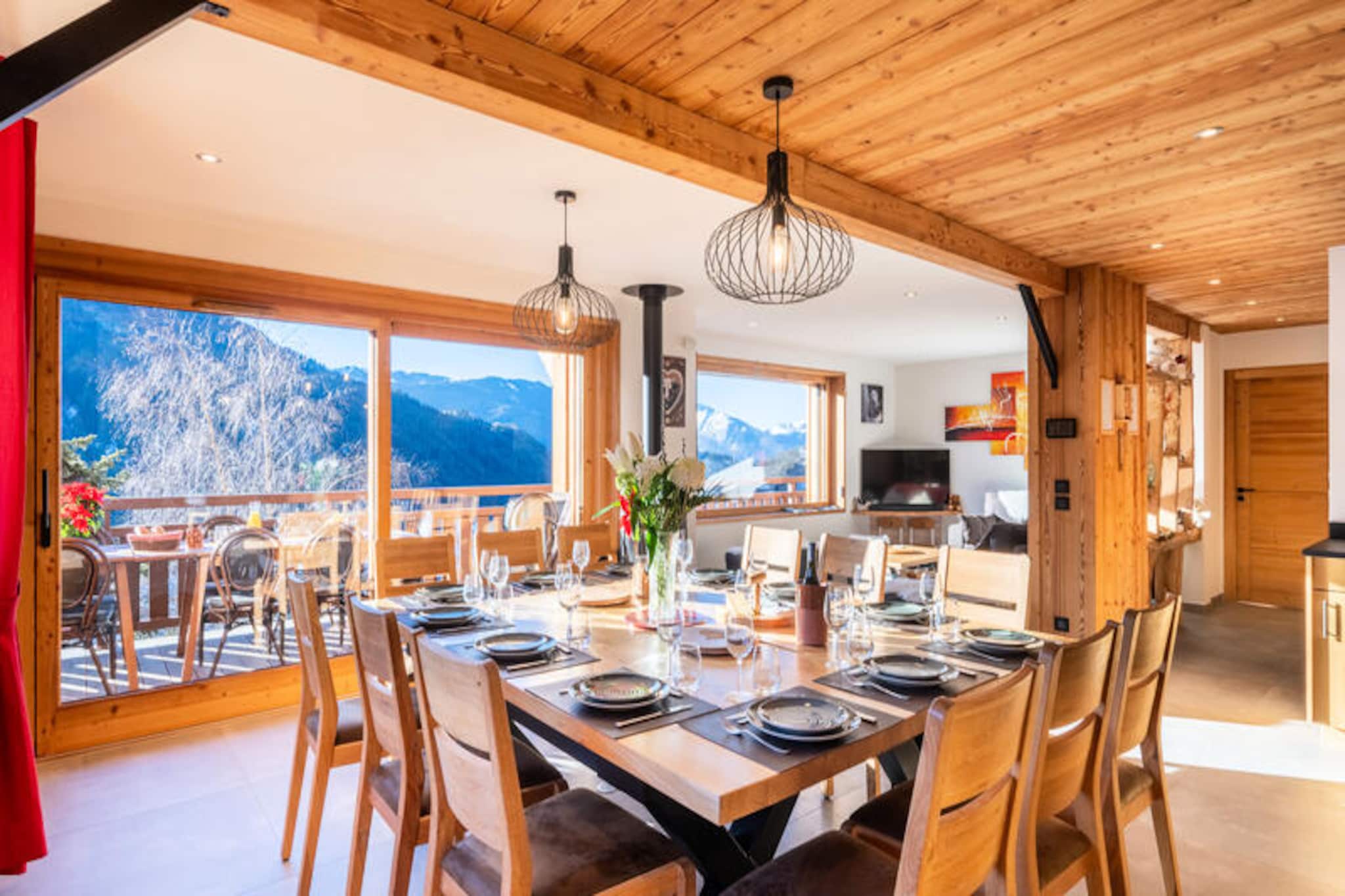 High above the picturesque village of Grand-Bornand, surrounded by the breathtaking beauty of the Aravis mountain range, Chalet Hartza offers a luxurious alpine escape for up to 12 guests. This newly built detached chalet combines modern elegance with traditional charm, creating a warm and inviting atmosphere for your holiday. Whether you're seeking adventure or relaxation, this 5-star retreat is designed to meet your every need. \n\nSpanning an impressive 178m², the chalet boasts spacious interiors with five comfortable bedrooms, a fully equipped kitchen, and cozy living areas perfect for gathering with family or friends. Indulge in the ultimate relaxation with the private sauna and Nordic bath, or step out onto the south-facing terrace to soak in panoramic views of the surrounding peaks and the quaint village below. With parking for up to five vehicles and thoughtful amenities like beds made upon arrival and linens provided, your stay is guaranteed to be hassle-free. \n\nLocated just 2 km from the heart of Grand-Bornand Village and 2.6 km from the downhill ski slopes, Chalet Hartza is ideally situated for exploring the region. A free shuttle stop is conveniently located only 150 meters away, ensuring easy access to the area's attractions, including cross-country trails and the bus station. Whether you're hitting the slopes, hiking scenic trails, or simply enjoying the tranquil alpine setting, this chalet places you at the center of it all. \n\nChalet Hartza invites you to create unforgettable memories in the French Alps, where every detail has been carefully curated to provide a seamless and luxurious holiday experience.