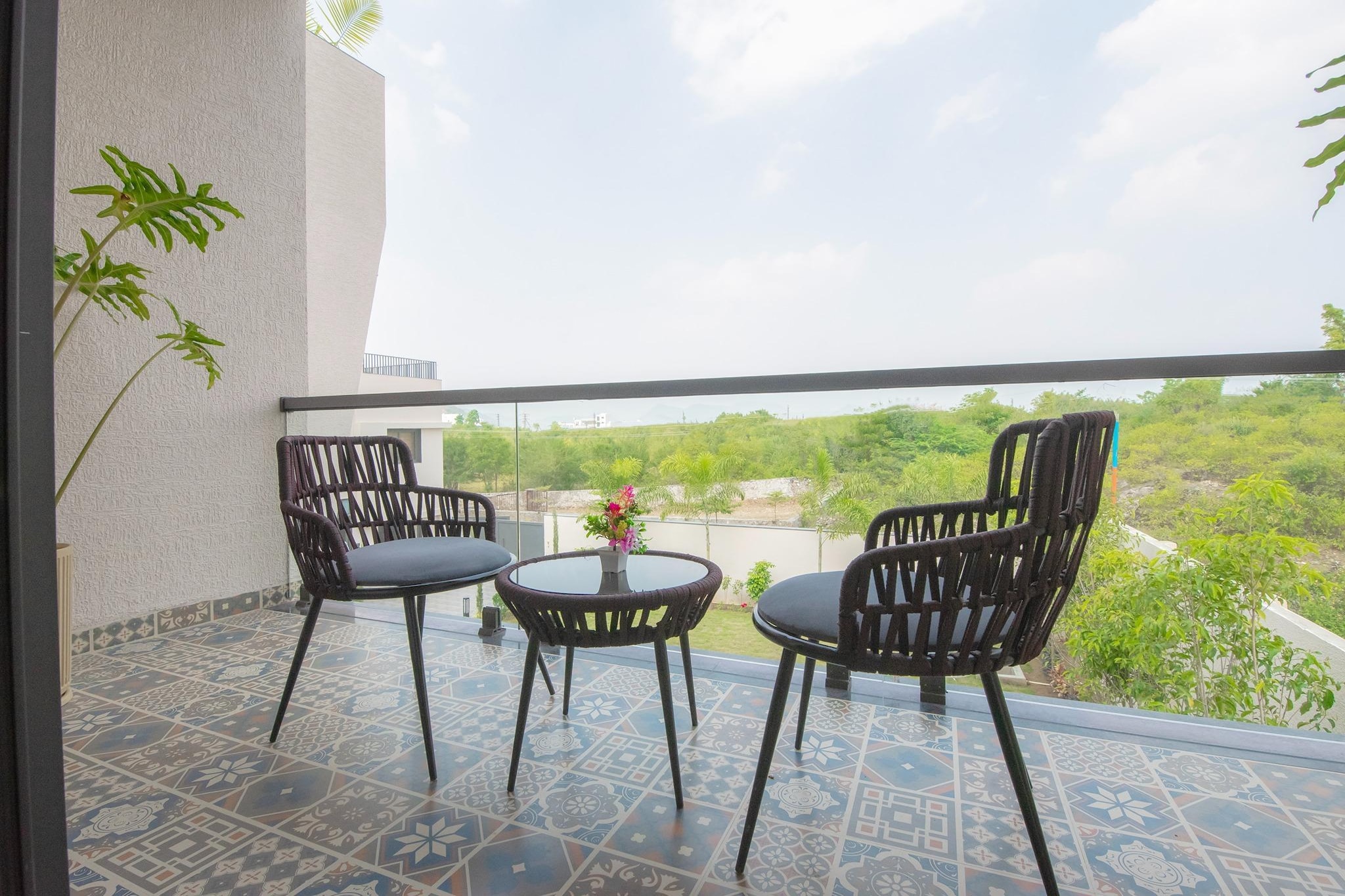 Ground floor: (Living room(single sofa bed, TV, dining table), Kitchen(electric kettle, coffee machine, microwave), bedroom(double bed, TV(flatscreen)), bedroom(double bed, TV(flatscreen)), bedroom(double bed, TV(flatscreen)), bedroom(double bed, TV(flatscreen)), bedroom(double bed, TV(flatscreen)), bathroom(shower, washbasin, toilet, shampoo, body soap), bathroom(shower, washbasin, toilet, shampoo, body soap), bathroom(shower, washbasin, toilet), bathroom(shower, washbasin, toilet), bathroom(shower, washbasin, toilet), balcony, swimming pool(private), iron)