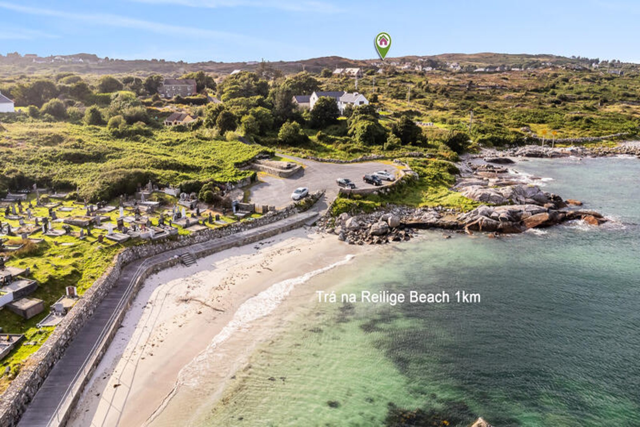 In the charming coastal village of Carraroe, this delightful two-bedroom house offers a perfect retreat for those seeking tranquility and natural beauty. Surrounded by the rugged landscapes of Connemara and just a short distance from pristine sandy beaches, it’s an ideal base for exploring Ireland’s Wild Atlantic Way. The property’s peaceful garden invites you to relax with a book or enjoy a barbecue under the open sky, while the nearby coastline offers breathtaking views and invigorating sea air. \n\nInside, the house is thoughtfully designed to provide comfort and convenience. With 58 square meters of living space, it comfortably accommodates up to four guests. The American-style kitchen is fully equipped with modern appliances, including a refrigerator, oven, microwave, and coffee maker, making meal preparation a breeze. The cozy living area features a television and Wi-Fi access, perfect for unwinding after a day of adventures. Central heating ensures a warm and welcoming atmosphere year-round, and the washing machine and iron add practical touches for longer stays. \n\nCarraroe’s vibrant village center is just 1 km away, offering a range of dining options such as An Cuan Fish & Chips and Tigh 'n Tailliura, as well as a supermarket for your essentials. For beach lovers, the nearby Trá na Reilige and Coral Strand are must-visits, while the scenic Lough Natawynmore and Barna Woods nature park provide opportunities for peaceful walks. Golf enthusiasts will appreciate the proximity to Connemara Isles Golf Club, just 12 km away. \n\nWhether you’re drawn to the dramatic coastline, the rich cultural heritage of the Gaeltacht region, or simply the chance to unwind in a serene setting, this Carraroe retreat promises a memorable Irish getaway.