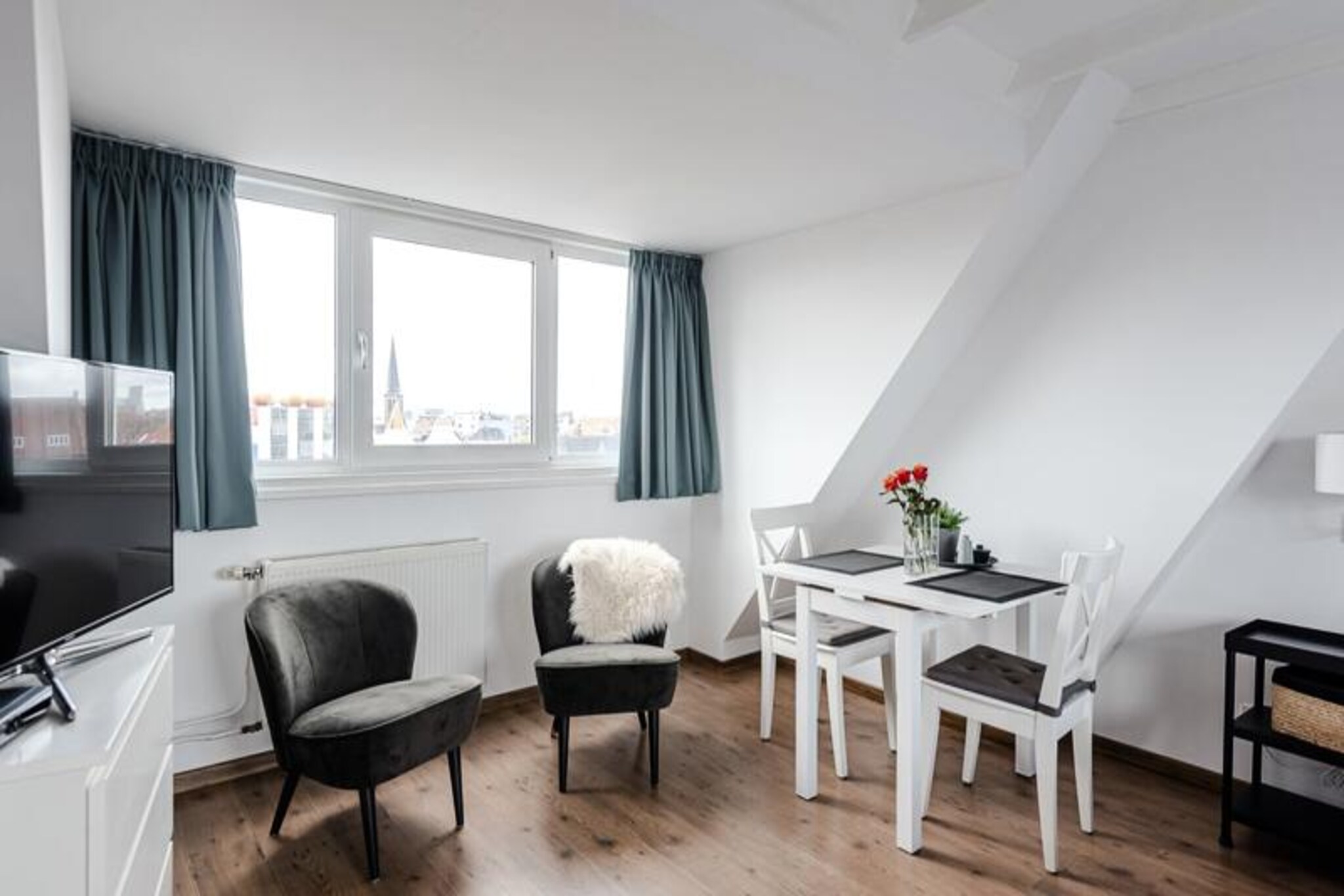 Kitchen(coffee machine, microwave, fridge, dishes and cutlery), Living/bed room(double bed, TV, dining table), bathroom(shower, washbasin), heating, hairdryer