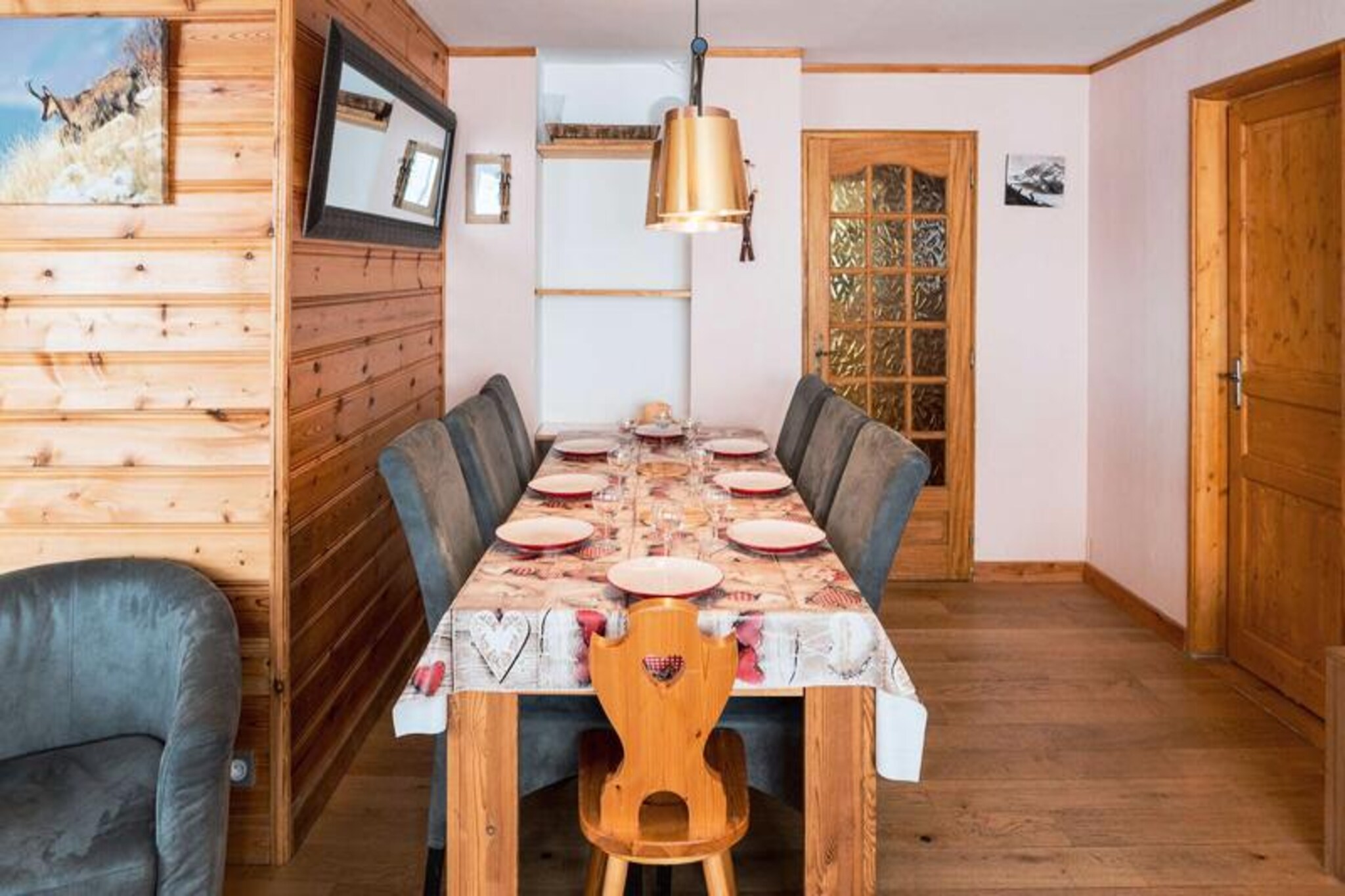 High above the serene slopes of Val Thorens, this spacious 106 m² apartment on the 2nd floor offers a blend of alpine charm and modern comfort. With its south-facing balconies, guests are treated to uninterrupted views of the majestic mountains and the bustling ski runs below. Whether you're here to embrace the thrill of winter sports or simply soak in the tranquility of the French Alps, this property ensures a memorable stay. Located in the peaceful Slalom area, the Roc de Péclet I residence is a favorite among locals, offering a quiet retreat just steps from the action. \n\nDesigned to accommodate up to eight guests, the apartment features a cozy living room complete with a sofa bed, armchairs, and a dining table for eight. The separate kitchen is fully equipped with modern appliances, including a ceramic hob, dishwasher, oven, microwave, and coffee maker, making it easy to prepare hearty meals after a day on the slopes. Four inviting bedrooms, each with its own balcony or veranda, provide ample space for relaxation. Two rooms feature double beds, while the other two offer twin beds, all fitted with plush duvets and pillows for a restful night’s sleep. Additional amenities include WiFi, ample storage, two ski lockers, and both a bathroom and a shower room with separate toilets. \n\nThe apartment’s prime location places you right on the slopes, making it ideal for ski enthusiasts. The nearby Péclet shopping center offers convenient access to shops, a pharmacy, and a lively market held twice a week. Whether you’re exploring the vibrant village or gliding down the pristine pistes, everything you need is within easy reach. \n\nPerfect for families and groups seeking a blend of adventure and relaxation, this apartment invites you to experience the magic of Val Thorens in style and comfort.