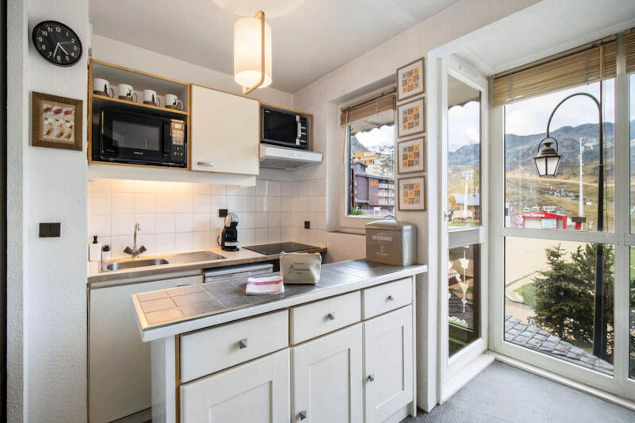 Elevator, Living room(TV), Kitchen(fridge, dishes and cutlery), bedroom(single bed, single bed), bedroom(single bed, single bed), bathroom(shower, washbasin), ski storage, balcony, heating, hairdryer