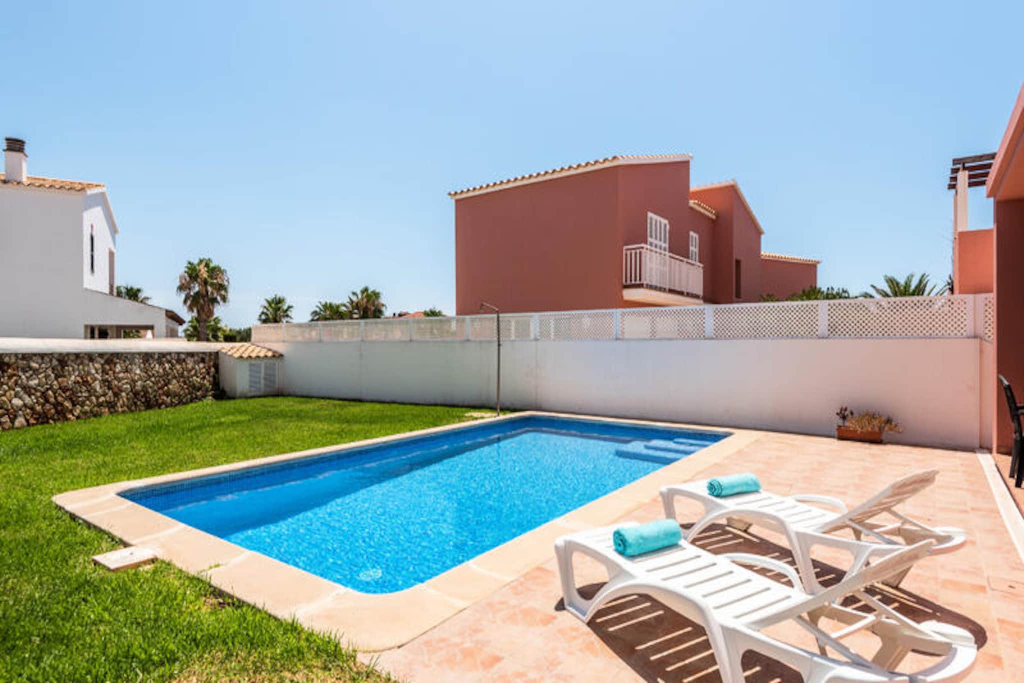 Bask in the Mediterranean charm of this elegant villa in Ciutadella de Menorca, where tranquility meets coastal beauty. Just a short stroll from the golden sands of Sa Caleta beach, this property offers the perfect retreat for families or friends seeking a serene escape. Surrounded by lush gardens and a private pool, the villa invites you to relax under the warm Balearic sun while enjoying the gentle sea breeze. Its tasteful decor and thoughtful design create an inviting atmosphere that feels like home from the moment you arrive. \n\nInside, the villa boasts three spacious bedrooms, comfortably accommodating up to six guests. The 170 m² space is fully equipped with modern amenities, including air conditioning in select rooms, Wi-Fi, and a flat-screen television. The ceramic-cooktop kitchen is a chef’s delight, featuring a refrigerator, microwave, oven, dishwasher, and all the utensils you need to prepare delicious meals. Step outside to the 10 m² terrace, complete with garden furniture and a barbecue, perfect for al fresco dining with loved ones. \n\nThe villa’s prime location places you just 700 meters from the sandy and rocky beaches of Sa Caleta and a mere 2 kilometers from the historic charm of Ciutadella. Nearby, you’ll find local restaurants, cafes, and a supermarket, ensuring all your needs are met. For golf enthusiasts, the renowned Club Golf Son Parc is just 35 kilometers away, while Menorca Airport is a convenient 40-kilometer drive. \n\nWhether you’re savoring a quiet morning by the pool, exploring the vibrant streets of Ciutadella, or indulging in fresh seafood at a nearby eatery, this villa offers an unforgettable Menorcan experience. Let the island’s natural beauty and rich culture captivate you as you create lasting memories in this idyllic retreat.