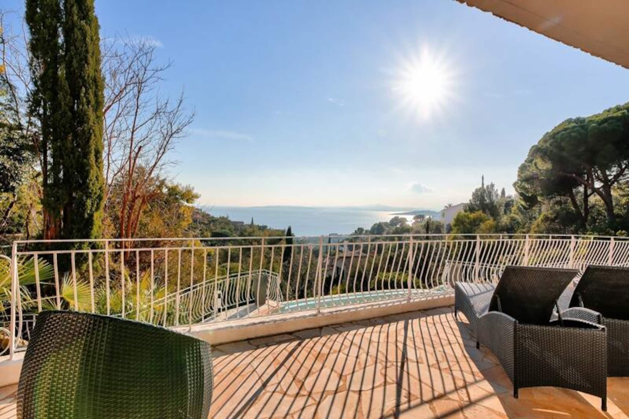 Basking in the Mediterranean sun, this stunning villa offers a serene escape with breathtaking sea views and luxurious amenities. Imagine waking up to the gentle sound of waves and stepping onto your expansive terrace to soak in the beauty of the azure waters stretching to the horizon. This southeast-facing gem is designed to provide an unforgettable holiday experience, blending comfort, elegance, and tranquility in equal measure. Whether you’re lounging by the private pool or enjoying a refreshing breeze in the garden, every moment here feels like a slice of paradise. \n\nInside, the villa boasts a spacious 200 m² layout with a bright and inviting living room, perfect for relaxing after a day of exploration. The open-plan kitchen is fully equipped, making it easy to prepare meals to enjoy on the terrace or in the cozy dining area. With four beautifully appointed bedrooms, each featuring king-size beds, and four modern bathrooms, the property comfortably accommodates families or groups of friends seeking a luxurious retreat. Air conditioning and Wi-Fi ensure your stay is as comfortable as it is connected. \n\nLocated just over 500 meters from shops, activities, and the coastline, you’ll find everything you need within easy reach. Explore the vibrant local markets, indulge in seaside dining, or embark on thrilling water sports adventures. The villa’s proximity to key attractions makes it an ideal base for discovering the charm of the French Riviera. \n\nWhether you’re seeking relaxation or adventure, this exclusive Maeva Home property promises a holiday filled with cherished memories. With its exceptional design, premium amenities, and idyllic setting, it’s the perfect choice for your next Mediterranean getaway.