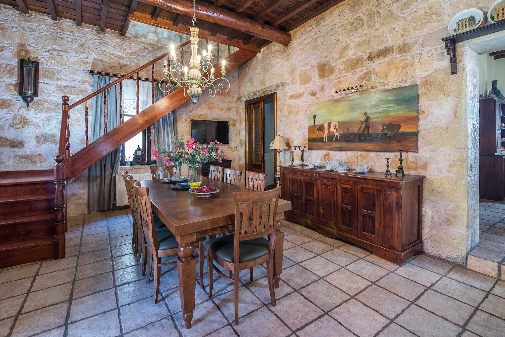 Kitchen(electric kettle, espresso machine, dishwasher, dishes and cutlery(Bowls, chopsticks, plates, cups, etc.), Cooking basics(Pots and pans, oil, salt and pepper)), Living/diningroom(TV(smart TV), dining table, seating area, DVD player, radio, CD player), bedroom(double bed), bedroom(double bed), bedroom(double bed), bedroom(double bed), bathroom(shower, washbasin, toilet), bathroom(shower, washbasin, toilet), bathroom(shower, washbasin, toilet), bathroom(shower, washbasin, toilet), library, fitness room, Internet access, Indoor playroom, fireplace, tumble dryer, cot, shower(outside), washing machine, heating(central), air conditioning, garden, garden furniture, sun loungers, BBQ, parking, parasol, swimming pool(private, heated), table tennis table, high chair, ironing board, iron, hairdryer