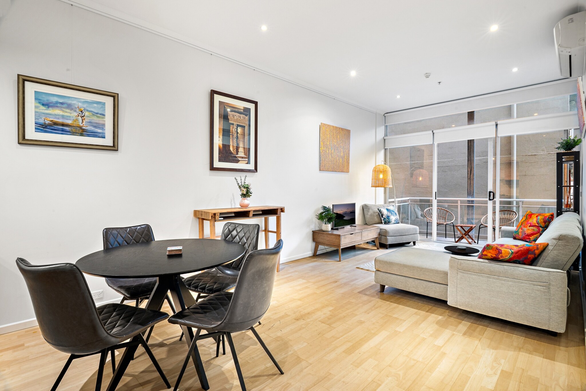 Property description
Located in a quiet pocket of West Melbourne, this 2-bedroom apartment is ideal for couples or small families. Enjoy the shared pool and gym facilities, plus a private balcony for morning coffees. The home features modern furnishings, a full kitchen, and a convenient self-check-in.
The space
This well-appointed apartment blends style with practicality, offering an inviting living space with a sleek wooden floor and a large couch for relaxing. A four-seater dining table complements the compact but well-equipped kitchen, complete with induction cooktop, coffee machine, oven, and dishwasher.
 
The two bedrooms include a queen in one and a bunk bed in the other, both styled with blackout blinds and soft bedding for a restful night. A built-in study nook makes remote work effortless. The shared bathroom is clean and functional, featuring a modern finish, hairdryer, and all travel essentials.
 
Step through either the living room or bunk bedroom to reach the private balcony, where you can relax outdoors in the fresh air. The home also offers access to gym and pool facilities on the ground floor, with secure garage parking and internal laundry facilities to round out your stay.
