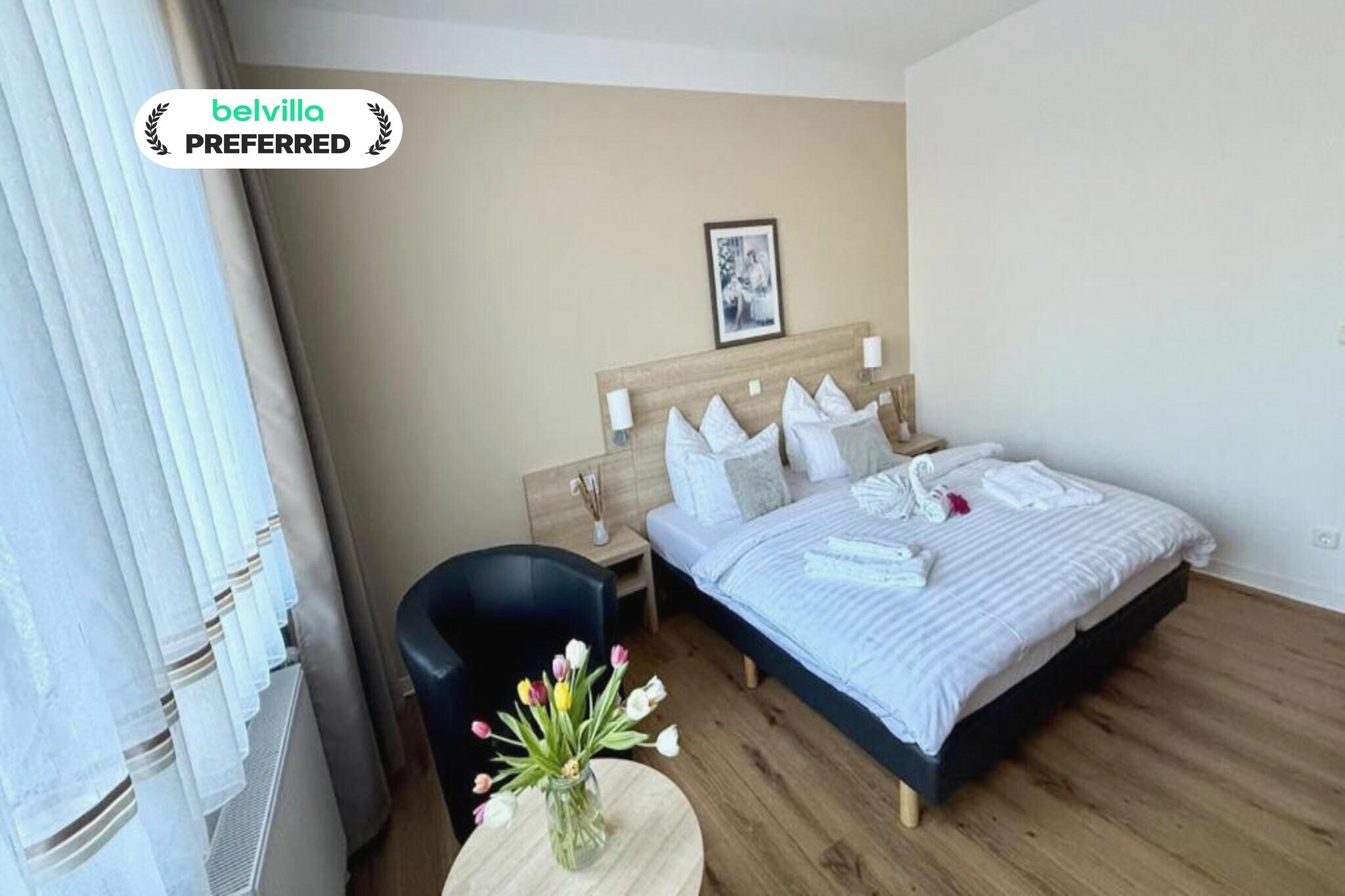 Situated in the heart of the state-approved Kneipp spa town of Feldberg, this standard double room at Kaiserhof Feldberg by Belvilla Resorts offers a calm and comfortable retreat surrounded by lakes, forests, and fresh countryside air. Ideal for couples or solo travellers, the hotel combines warm hospitality with easy access to nature, wellness facilities, and scenic walking routes. Feldberg Lake and the spa park are close by, making it easy to relax and enjoy the surroundings at your own pace.
Standard double room features:
1. Comfortable room with a double bed
2. Private bathroom with bathtub or shower, washbasin, toilet, and hairdryer
3. Flat-screen TV with cable and satellite channels, including Netflix
4. Cozy seating area for reading or unwinding
5. Free Wi-Fi and heating for year-round comfort
6. Access to terrace and garden areas with sun loungers
7. Quiet, non-smoking room layout designed for rest
8. Breakfast service available
9. Pet-friendly (additional charge of 12 Euro/pet/night
Hotel amenities and facilities:
1.Games and leisure options including billiards, darts, archery, mini golf, water sports, cycling, hiking, horse riding, fishing, and evening entertainment
2. Landscaped garden and sun terrace
3. On-site restaurant and bar
4. Paid parking on the premises (Euros 5 per vehicle per day)
5. Lift with easy access to all floors
6. Reception services from 6:00 to 11:00 in the morning and from 15:00 to 18:00 in the afternoon
7. Friendly Guest Support
Nearby highlights:
1. Feldberg Lake and town church within walking distance
2. Kneipp Spa Park approximately 150 m away
3. Forest trails and cycling routes across the Feldberg Lake District
4. Schloss Tornow around 47 km away
5. Neubrandenburg University of Applied Sciences about 35 km away
How to reach:
1. By train to Neustrelitz or Neubrandenburg, followed by bus or taxi
2. By bus with regular regional connections to Feldberg
3. By air via Heringsdorf Airport, approximately 117 km away
A relaxed and welcoming stay where comfort, nature, and tranquility come together in the Feldberg Lake District.