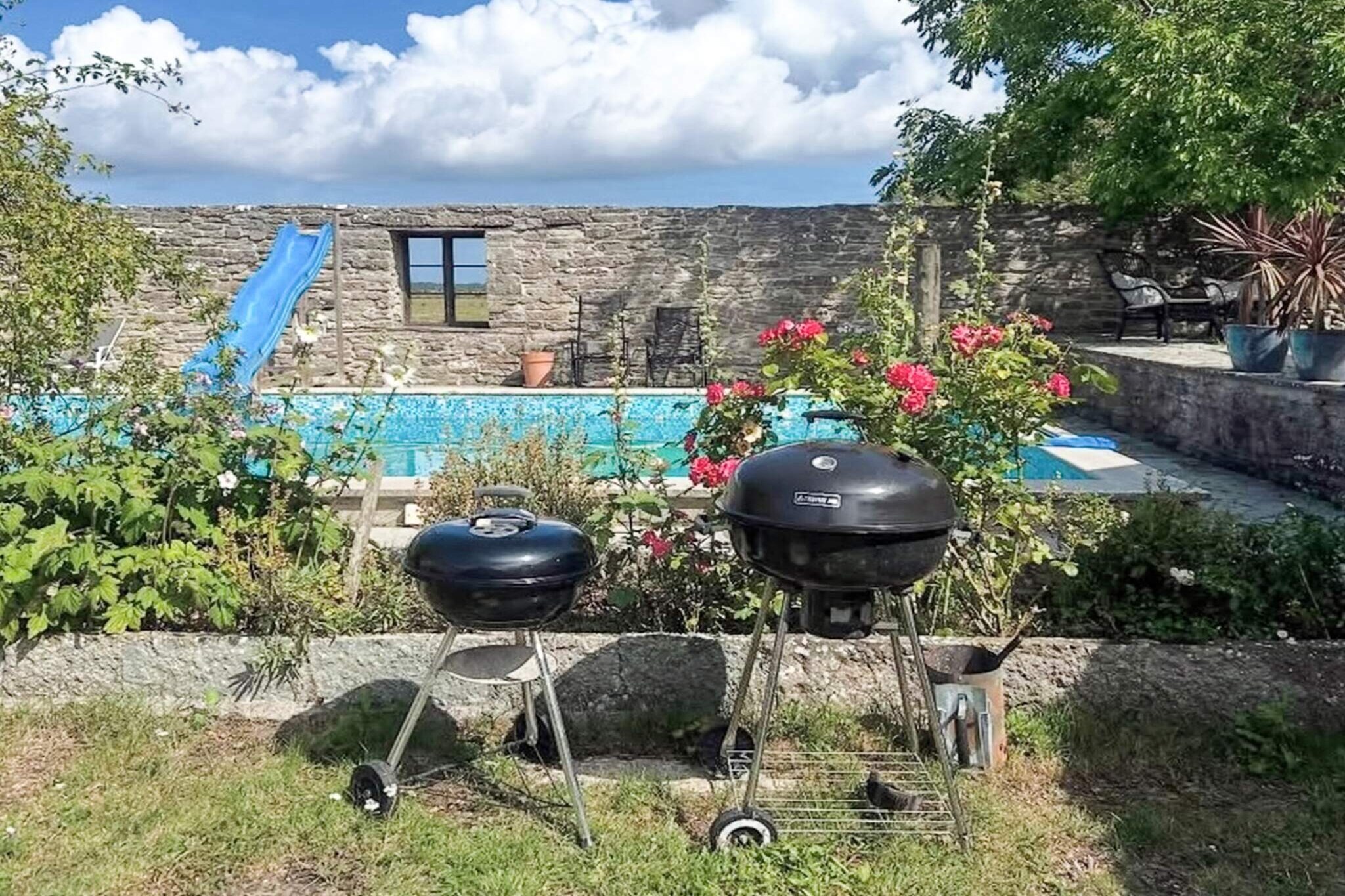 This charming duplex apartment is set in an authentic 19th-century stone barn at Ölandsgård in Alvlösa, where rustic details meet modern comfort. The courtyard, filled with hollyhocks, lavender, and Öland stone, surrounds a striking blue saltwater pool that sets a tranquil holiday mood. Three apartments share a spacious garden with outdoor dining areas, barbecues, and open lawns with a trampoline — ideal for groups wanting both togetherness and privacy. The duplex offers a modern kitchen, dining space, and bathroom on the lower level, while the open upper floor features exposed beams, skylights, courtyard views, a double bed, and a sofa bed. The pool’s children’s slide makes it especially welcoming for families. Just beyond, Öland’s unique Alvaret landscape stretches toward the sea, with easy access to swimming, walking paths, and peaceful coastal scenery. Birdlife, grazing animals, and small village life in South Öland create a calm, authentic setting, with shops and restaurants only a short drive away. The other apartments have numbers: 64469, 64471 at Stugsommar. Note -  Charging Electric cars is prohibited. Only Smaller dogs are allowed. Celebrations/Parties are only allowed for groups renting all three apartments. Stay cautious with kids around the pool.