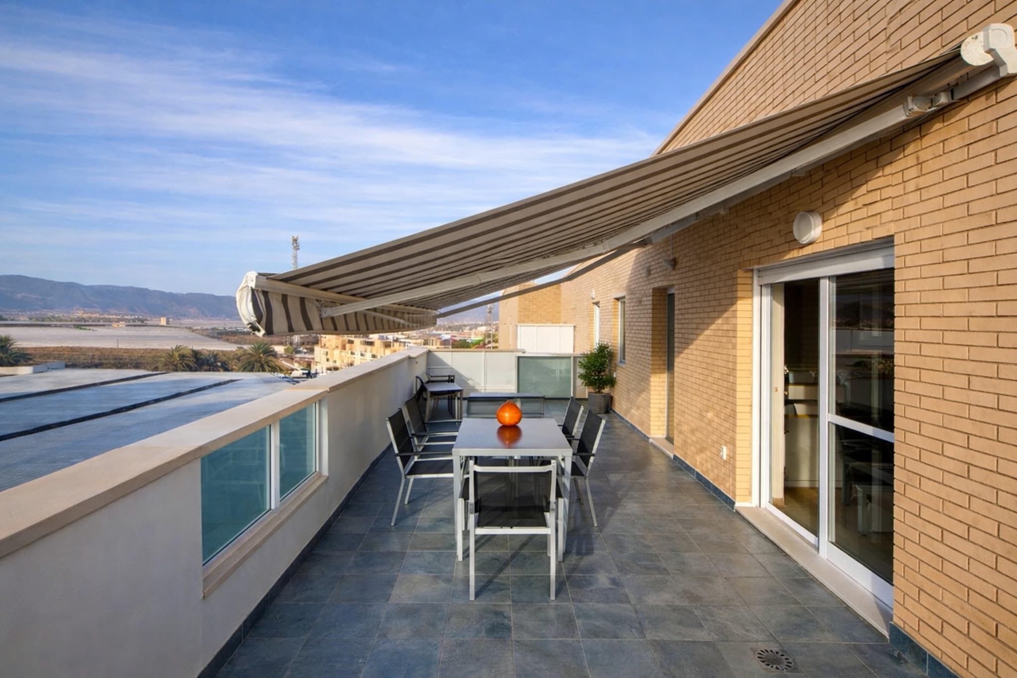 Ground floor: (Entrance(shared with other guests), lift)\n\nAttic: (Kitchen(hob, electric kettle, toaster, hood, coffee machine, microwave, dishwasher, fridge-freezer), Living/diningroom(double sofa bed(130 x 200 cm), TV(flatscreen, international television channels), dining table, seating area), bedroom(double bed(135 x 190 cm)), bedroom(single bed(90 x 190 cm), bunk bed or 2 single beds), bathroom, air conditioning, terrace(private, 40 m2), air to air heatpump)\n\ngarage(shared with other guests, reachable from the outside), garden doors, swimming pool(shared with other guests, outside, including part for children (depth 50cm), opened from Jun upto and including Sep)