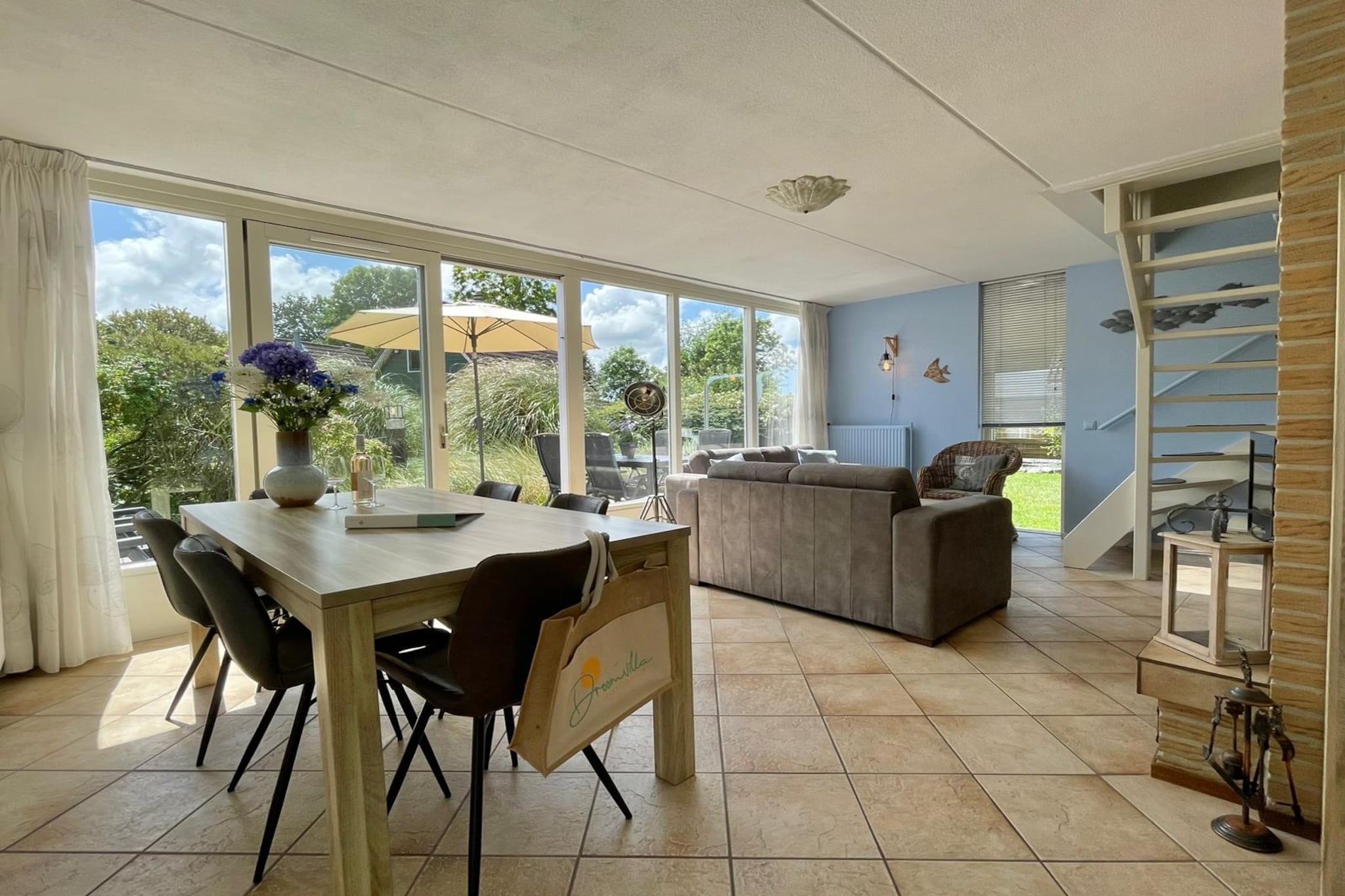 Ground floor: (open kitchen(stove, electric kettle, hood, coffee machine, combination microwave, dishwasher, fridge-freezer, dishes and cutlery, Cooking basics), Living/diningroom(TV(flatscreen), dining table, fireplace, seating area, DVD player), bathroom(shower, washbasin, toilet), toilet(toilet))\n\nOn the 1st floor: (bedroom(double bed), bedroom(double bed), bedroom(double bed))\n\nInternet access, tumble dryer, cot, washing machine, heating(central), terrace, garden, sun loungers, sun loungers, BBQ, parking, trampoline, parasol, swimming pool(private, outside), high chair, ironing board, iron, Charging post for electric cars