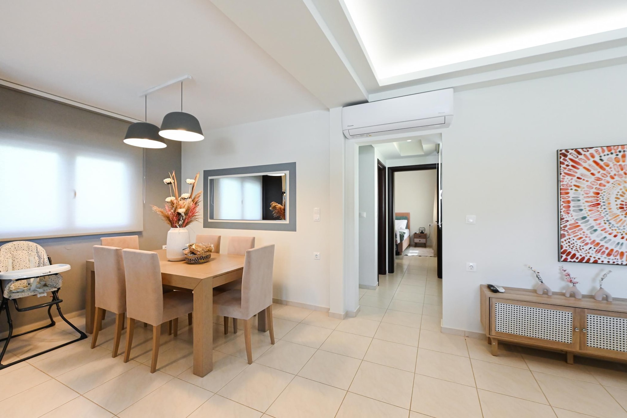 Ground floor: (open kitchen(stove, electric kettle, coffee machine, oven, microwave, dishwasher, fridge-freezer, dishes and cutlery, Cooking basics), Living/diningroom(TV(flatscreen), dining table, seating area), bedroom(double bed), bathroom(shower, washbasin, toilet))\n\nOn the 1st floor: (bedroom(double bed), bedroom(bunk bed), bathroom(shower, washbasin, toilet, hairdryer))\n\nInternet access, sauna, washing machine, balcony, heating, air conditioning, terrace, garden, garden furniture, sun loungers, BBQ, parking, swimming pool(private, outside), iron