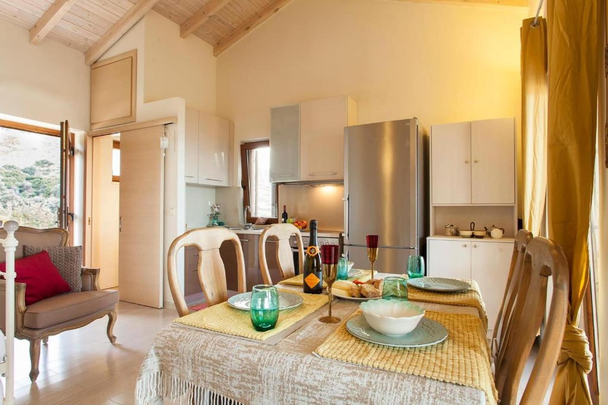 Ground floor: (bedroom(double bed), bedroom(double bed), bathroom(shower, washbasin, toilet, hairdryer))\n\nOn the 1st floor: (open kitchen(stove, electric kettle, toaster, coffee machine, fridge-freezer, dishes and cutlery, Cooking basics), Living/diningroom(TV(flatscreen), dining table, seating area), bathroom(shower, washbasin, toilet))\n\nInternet access, Massage, balcony, heating, air conditioning, terrace, garden, garden furniture, BBQ, parking, swimming pool, iron, Cleaning products