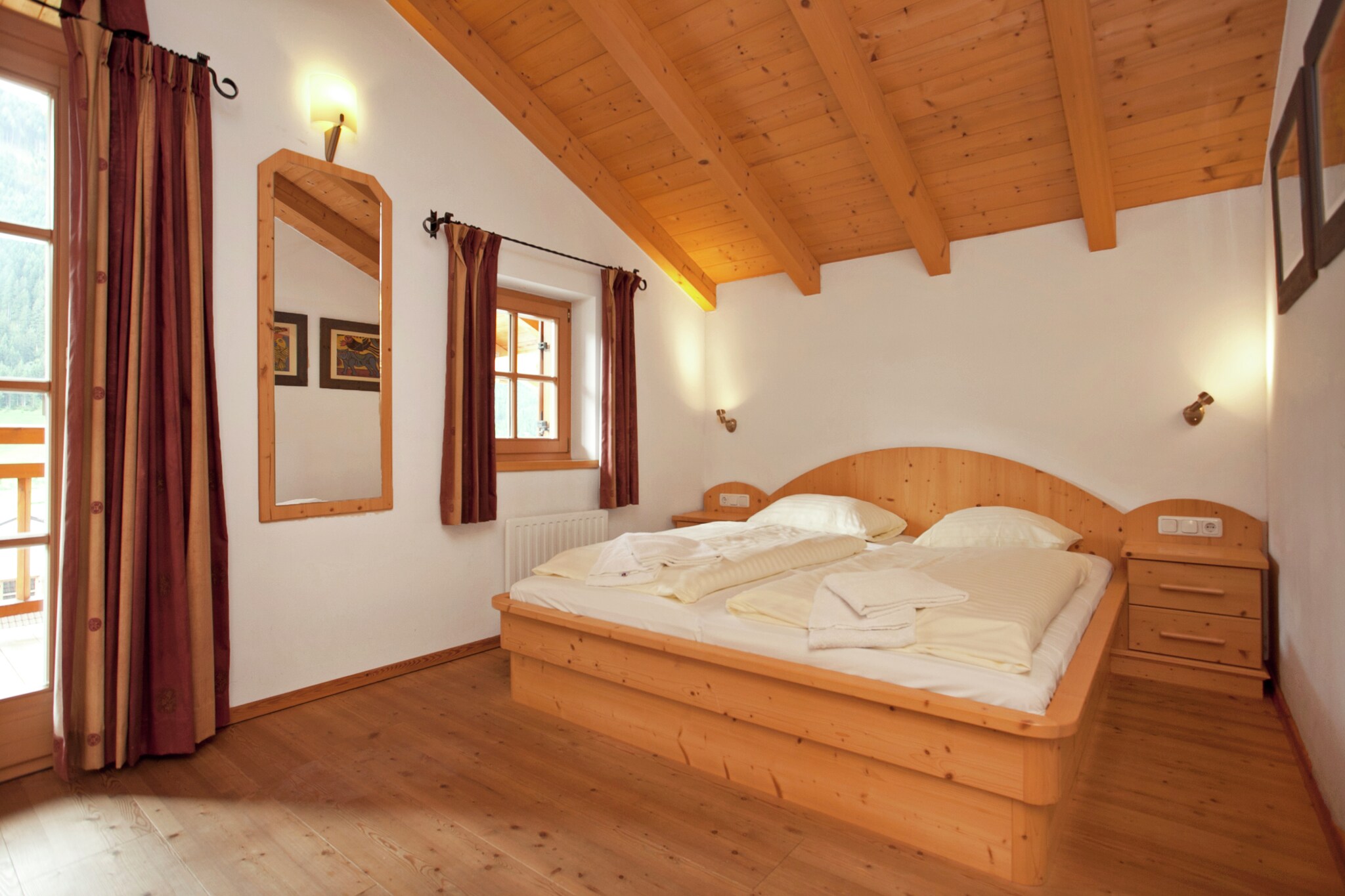 Ground floor: (Living room(TV(cable), stove(tiled), radio, CD player), open kitchen(oven, microwave, dishwasher), toilet)\n\nOn the 1st floor: (bedroom(double bed), bedroom(double bed), bedroom(double bed), bathroom(bath tub, shower))\n\nBasement: (bedroom(double bed), bedroom(2x bunk bed), bathroom(shower, sauna, washing machine), toilet)\n\nheating(central), terrace, garden furniture, parking, swimming pool(shared with other guests), children\'s bed, high chair