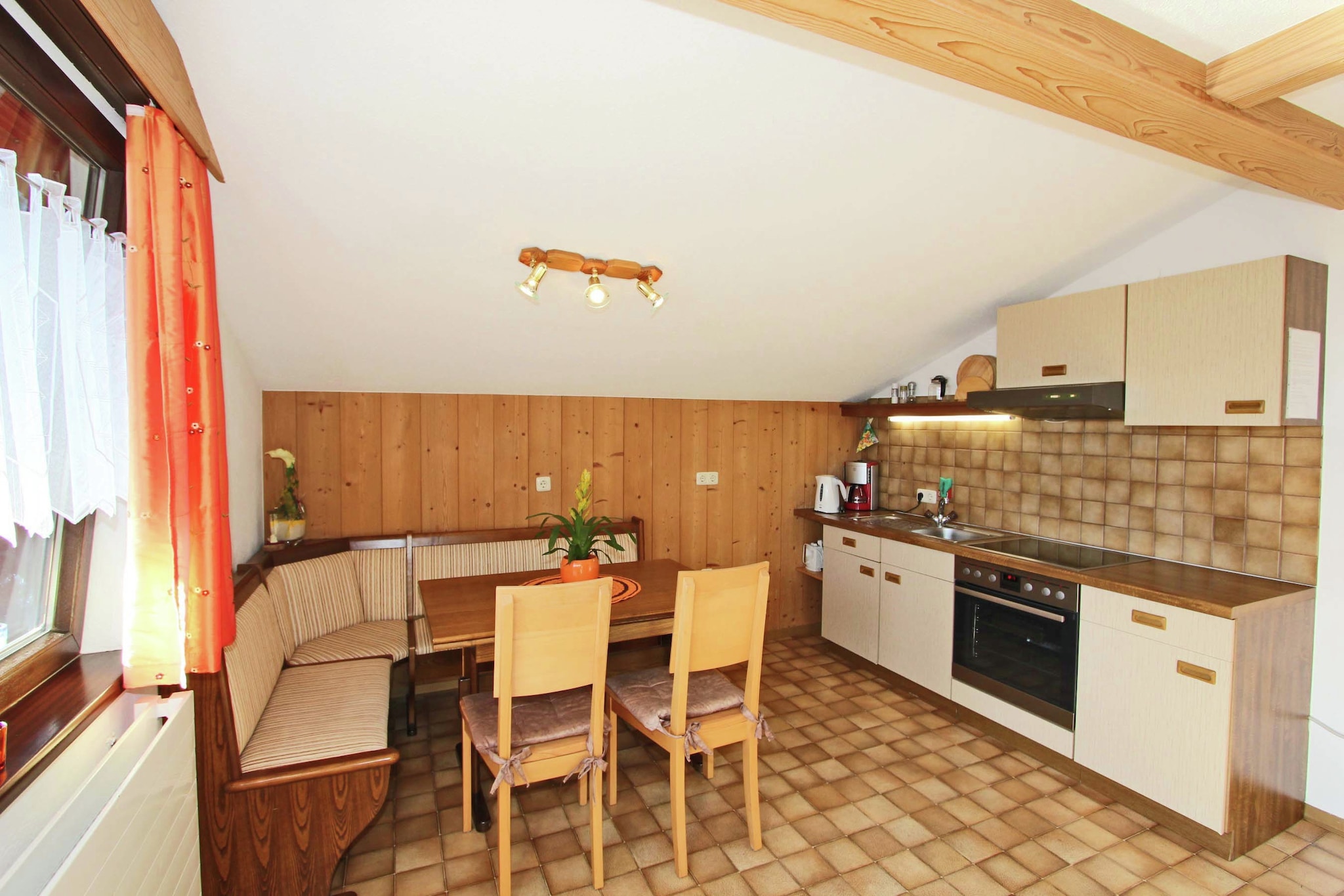 On the 2nd floor: (hallway, Kitchen(cooker(4 ring stoves, ceramic), coffee machine, oven, microwave, fridge-freezer), Living/bed room(double sofa bed, TV), bedroom(double bed), bedroom(double bed, shower, washbasin), bathroom(bathtub with shower, shower, washbasin), toilet)\n\nstorage, stove, microwave, bathtub or shower, balcony, heating, garden(shared with other guests), garden furniture, parking