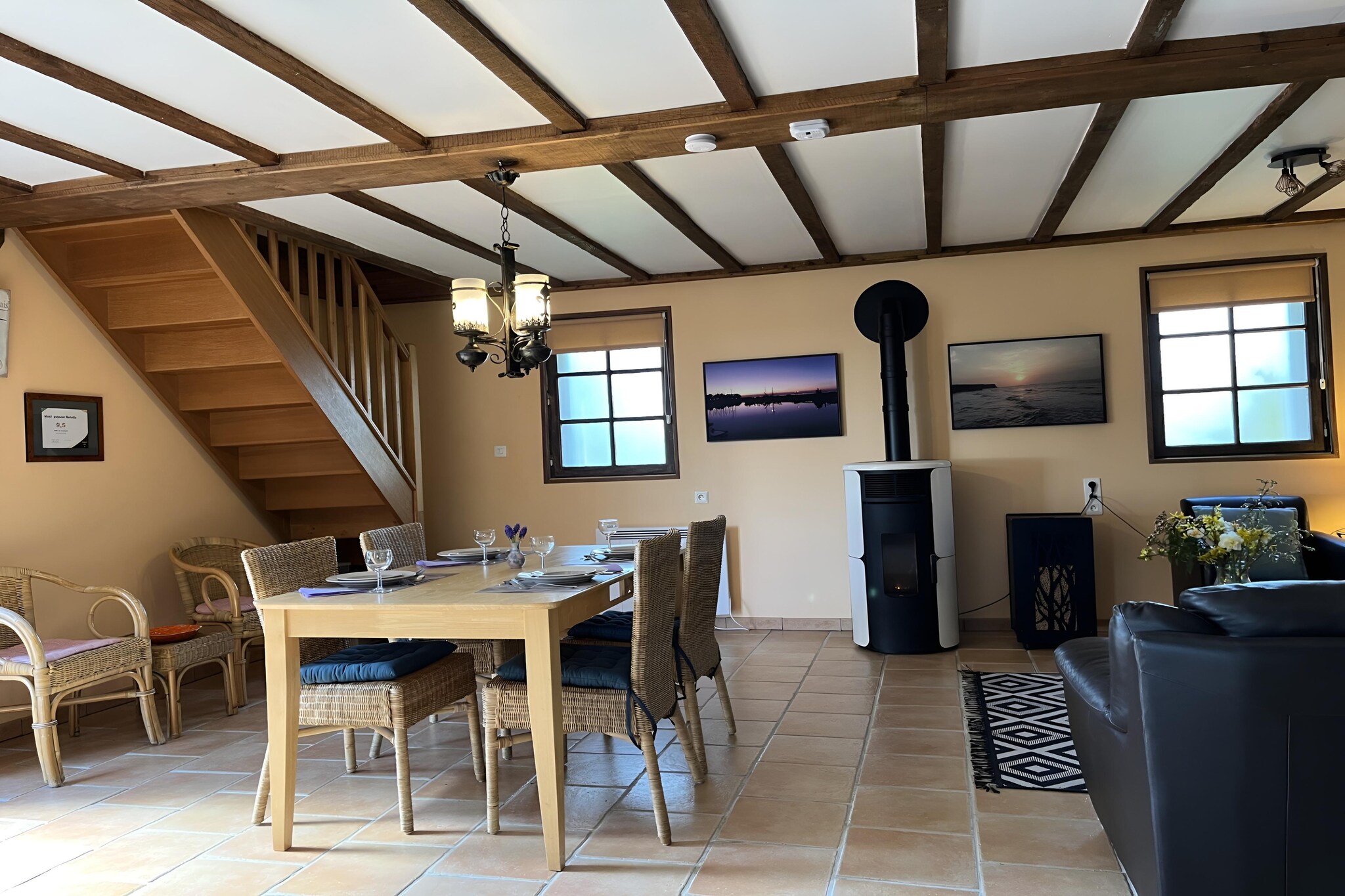 Ground floor: (Living room(TV(satellite), stove(Pellet), DVD player, stereo unit), open kitchen(coffee machine(filter), oven(grill-oven), microwave, dishwasher), bathroom(bath tub, shower(unit), washbasin, toilet, hairdryer), toilet(washbasin))\n\nOn the 1st floor: (bedroom(single bed, double trundle bed), bedroom(2x single bed(90 x 200 cm)))\n\nTV, stove, microwave, dishwasher, bathtub or shower, shower, massage shower, washing machine, heating, terrace, garden, bicycle storage, garden furniture, sun loungers, BBQ, parking, parasol, play equipment, children\'s bed, high chair, playpen, ironing board