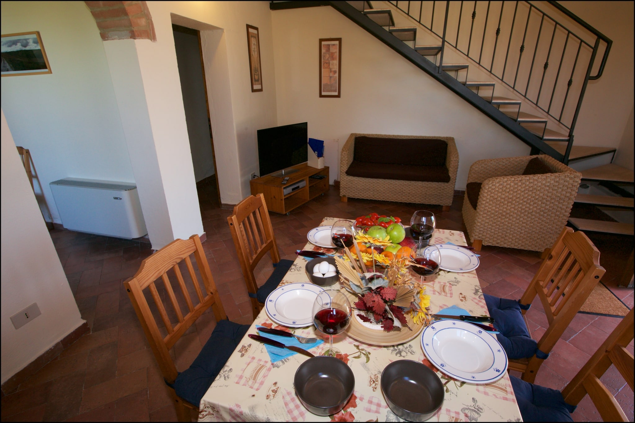 Ground floor: (Living room(TV), Kitchen(dining table, coffee machine, oven), bathroom(shower, washbasin, toilet, bidet))\n\nOn the 1st floor: (bedroom(double bed), bedroom(double bed), bathroom(shower, washbasin, toilet, bidet))\n\nwood cooker, heating(central), air conditioning, terrace, garden(shared with other guests), garden furniture, BBQ, parking, swimming pool(shared with other guests, 14 x  5 m., opened from 1/2 May upto and including 1/2 Sep), play equipment