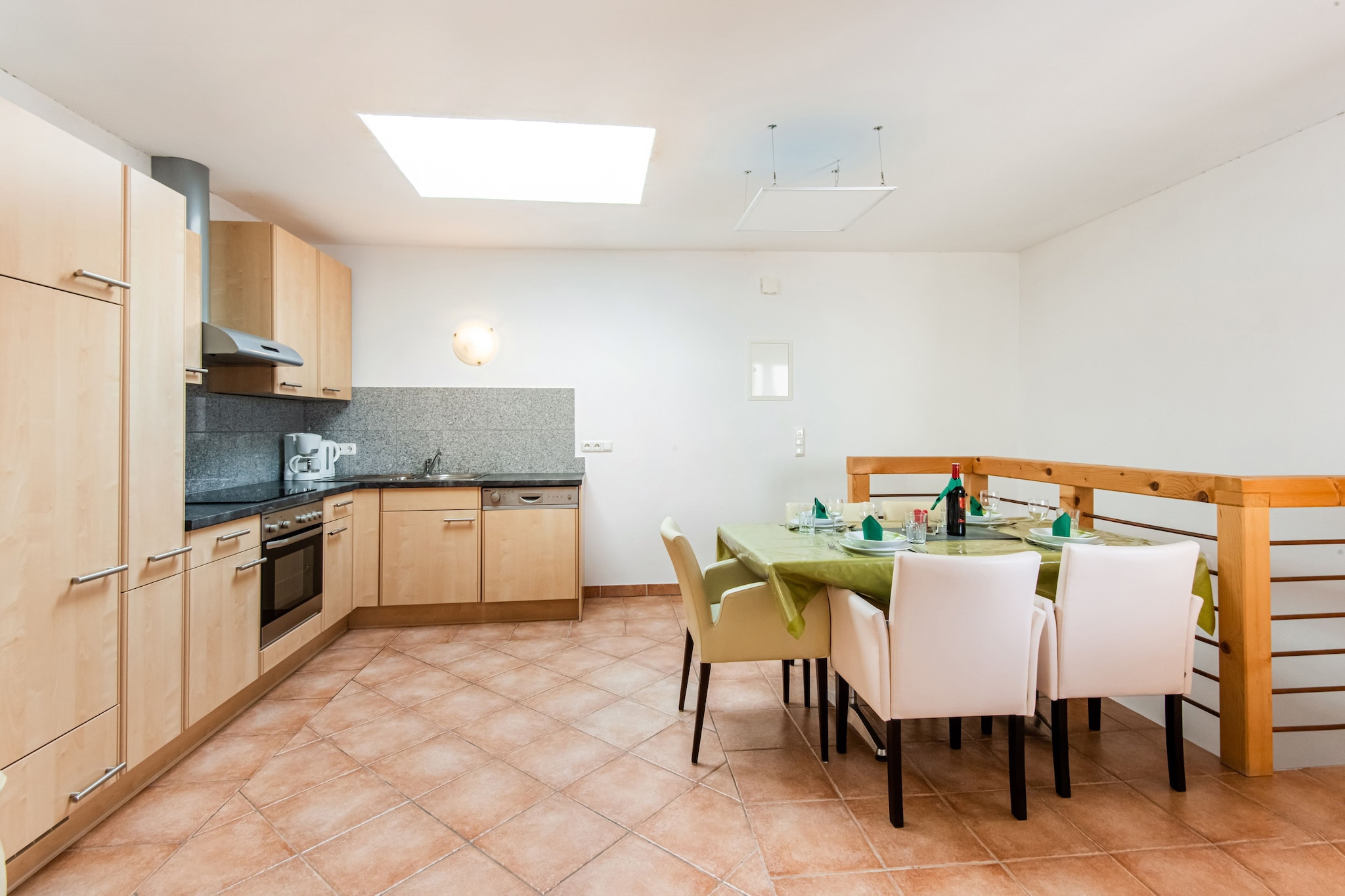 On the 1st floor: (Kitchen(cooker(ceramic), oven, microwave, dishwasher, fridge-freezer), Living/bed room(single bed, TV(satellite), balcony), bedroom(double bed), bedroom(double bed), bathroom(shower, washbasin, toilet))\n\nski storage, garage, coffee machine, ski boot heaters, heating(central), garden, bicycle storage, parking, parasol, bicycles available