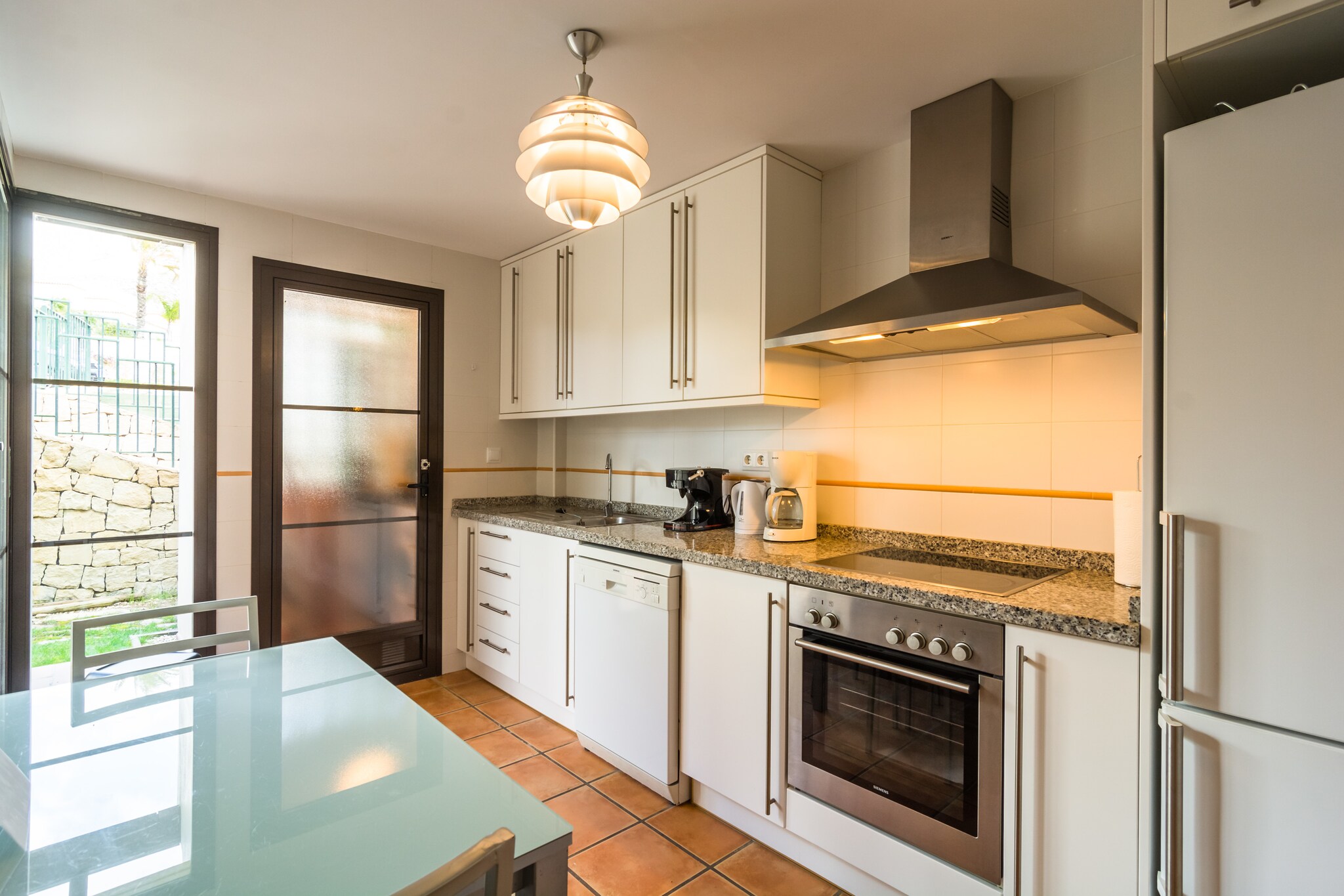 Ground floor: (hallway, Kitchen(cooker(4 ring stoves, ceramic), coffee machine(pads), oven, combination microwave, dishwasher, fridge-freezer), Living/diningroom(double sofa bed, TV(satellite, dutch television channels), stereo unit), bathroom(shower, washbasin, toilet, bidet), pantry, parking)\n\nOn the 1st floor: (bedroom(2x single bed(90 x 190 cm), terrace), Bedroom with bathroom(2x single bed, bath tub, washbasin, toilet, bidet, terrace), bathroom(bathtub with shower, washbasin, toilet, bidet), balcony)\n\nheating(electric), terrace(private), garden(private), garden furniture, swimming pool(shared with other guests), tennis court(paid)